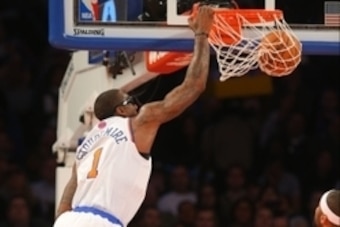 Feb 12, 2014; New York, NY, USA;  New York Knicks power forward Amar'e Stoudemire (1) gets a dunk against the Sacramento Kings at Madison Square Garden. Mandatory Credit: Jim O'Connor-USA TODAY Sports