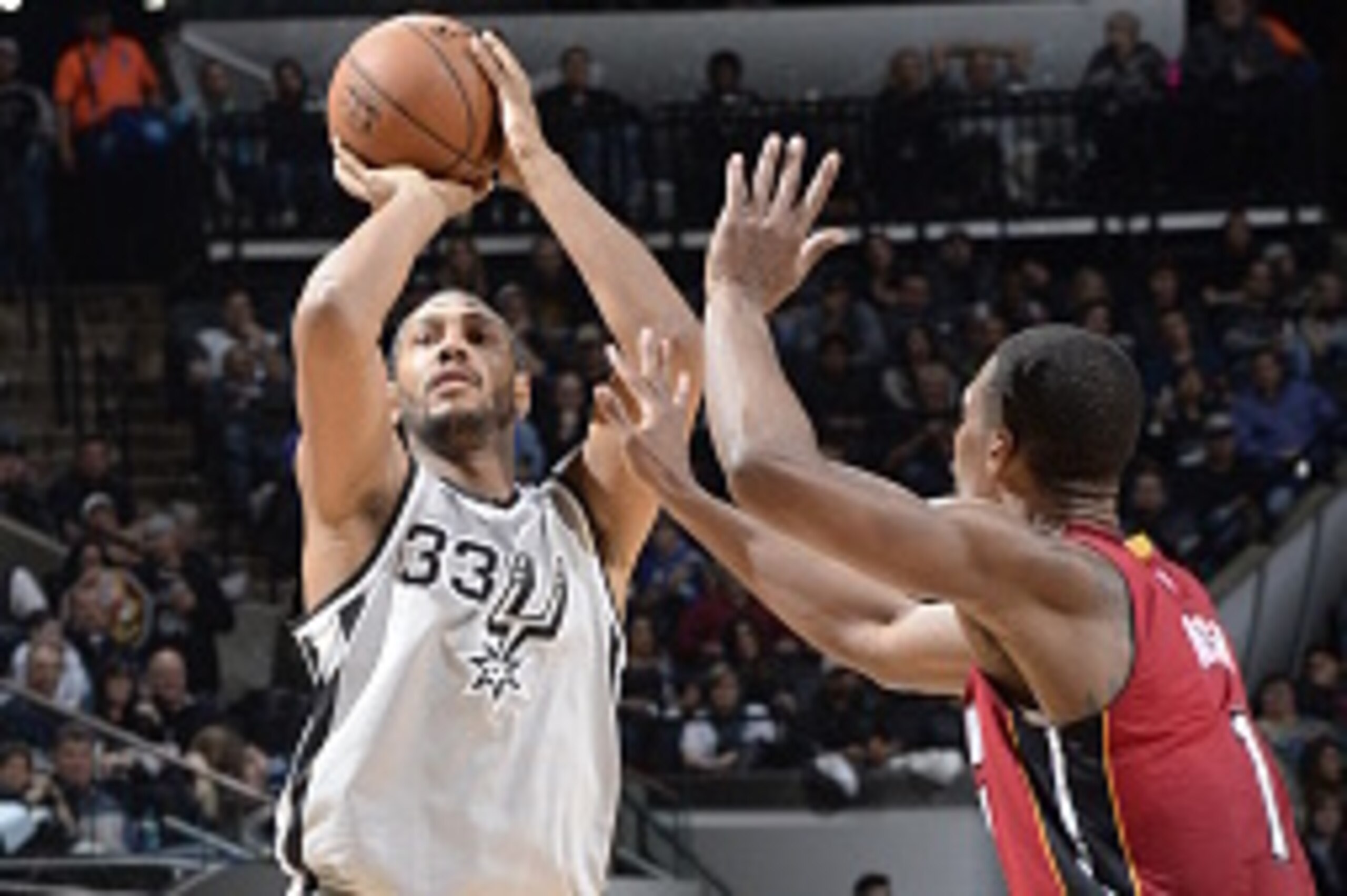 SAN ANTONIO, TX - FEBRUARY 6:  Boris Diaw #33 of the San Antonio Spurs shoots against the Miami Heat on February 6, 2015 at the AT&T Center in San Antonio, Texas. NOTE TO USER: User expressly acknowledges and agrees that, by downloading and or using this 