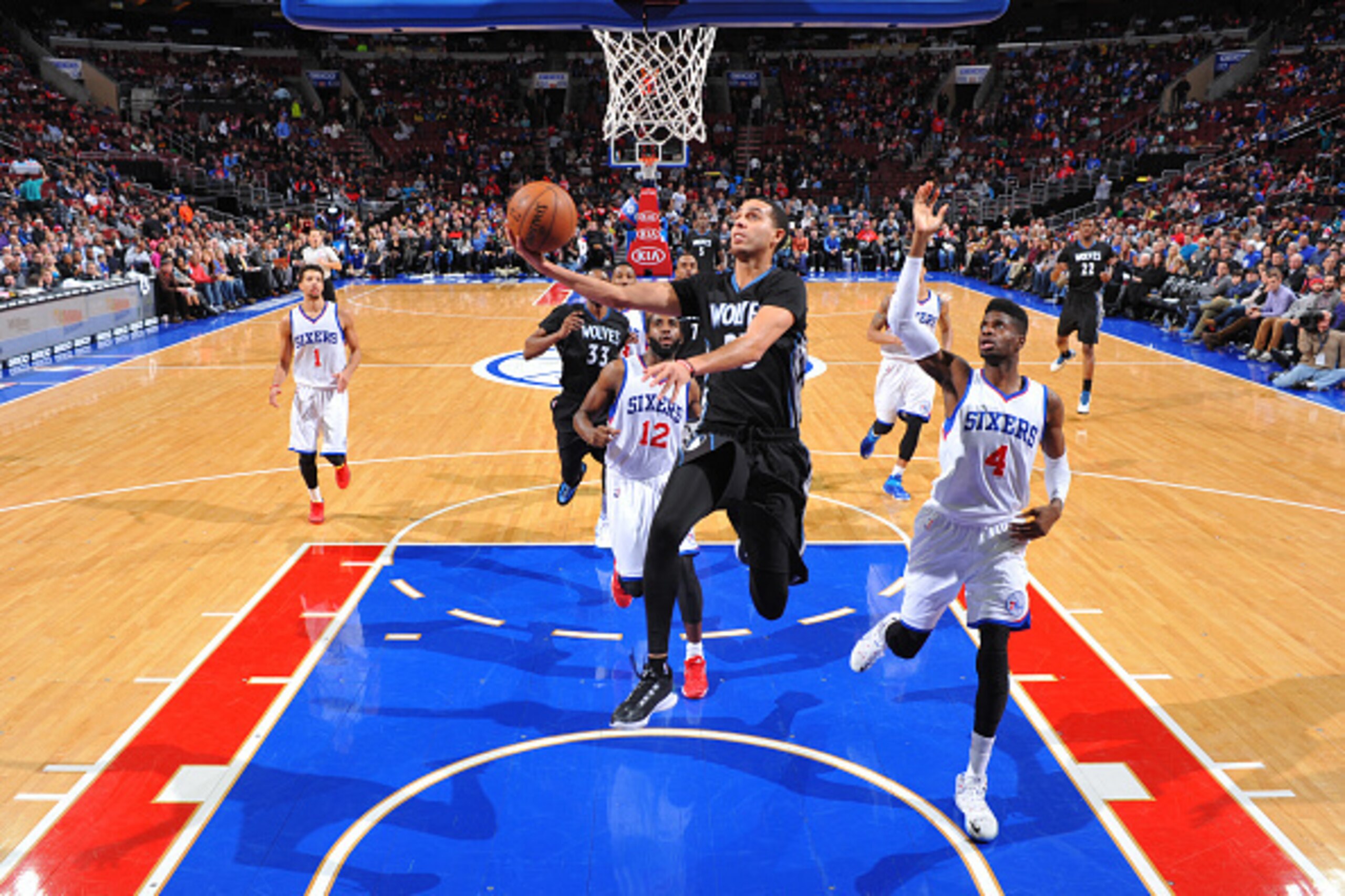 PHILADELPHIA, PA  JANUARY 30: Kevin Martin #23 of the Minnesota Timberwolves goes up for the layup against the Philadelphia 76ers at Wells Fargo Center on January 30, 2015 in Philadelphia, Pennsylvania NOTE TO USER: User expressly acknowledges and agrees 