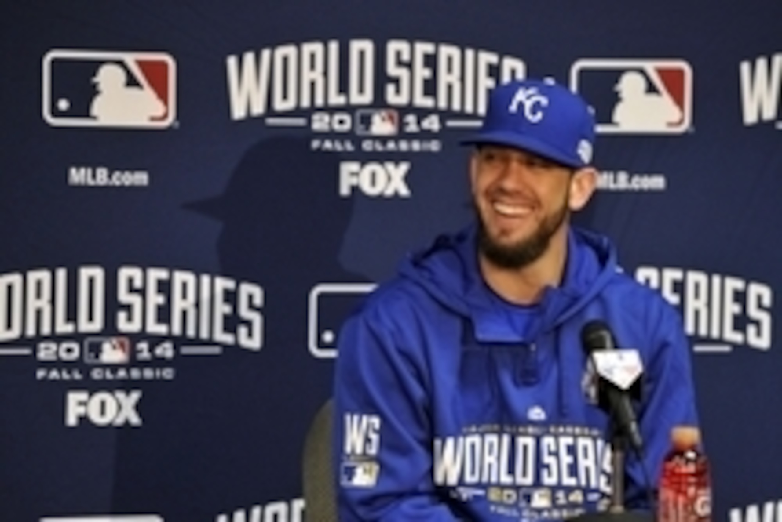 Oct 20, 2014; Kansas City, MO, USA; Kansas City Royals starting pitcher James Shields (33) talks with members of the media during a press conference the day before the start of the 2014 World Series at Kauffman Stadium. Mandatory Credit: Christopher Hanew