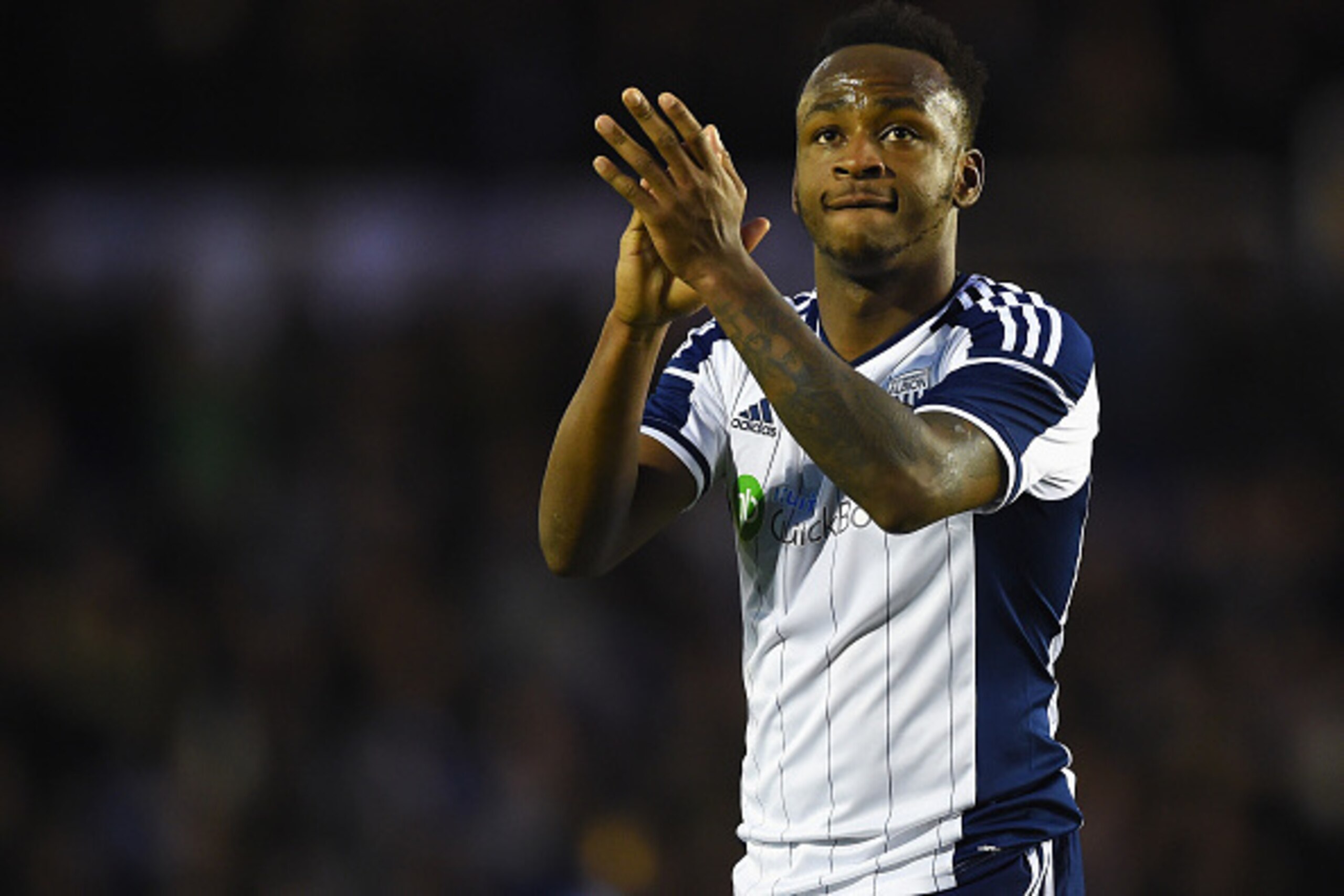 BIRMINGHAM, ENGLAND - JANUARY 24:  Saido Berahino of West Brom applauds the fans after the FA Cup Fourth Round match between Birmingham City and West Bromwich Albion at St Andrews on January 24, 2015 in Birmingham, England.  (Photo by Shaun Botterill/Gett