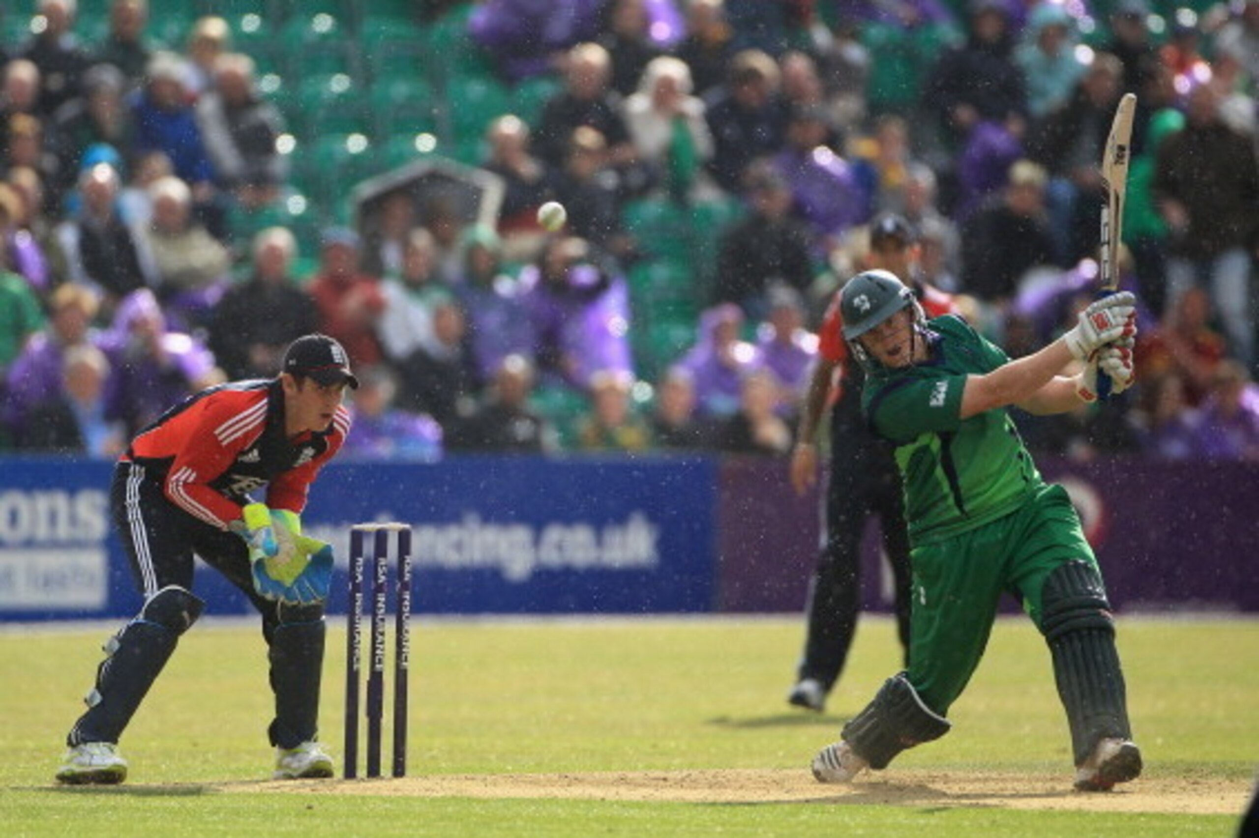 DUBLIN, IRELAND - AUGUST 25:  Kevin O'Brien of Ireland hits out during the One Day International match between Ireland and England at Clontarf Cricket Club on August 25, 2011 in Dublin, Ireland.  (Photo by Tom Shaw/Getty Images)