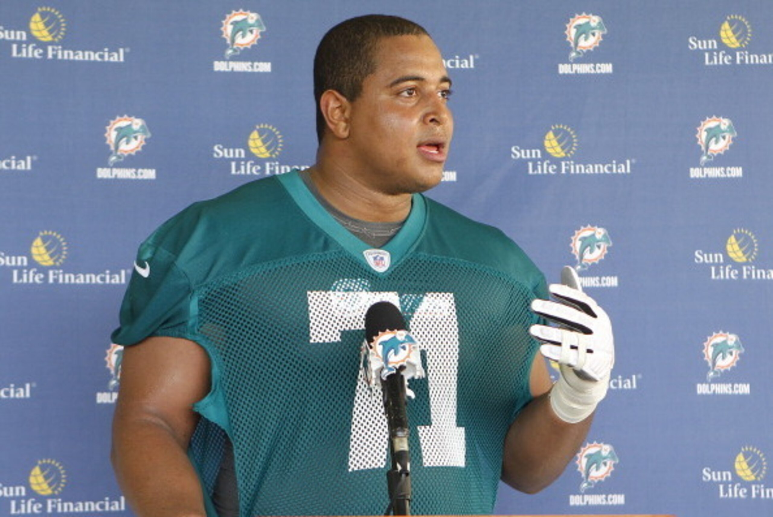 DAVIE, FL - MAY 4: Jonathan Martin #71 of the Miami Dolphins talks ot the media after the rookie minicamp on May 4, 2012 at the Miami Dolphins training facility in Davie, Florida. (Photo by Joel Auerbach/Getty Images)