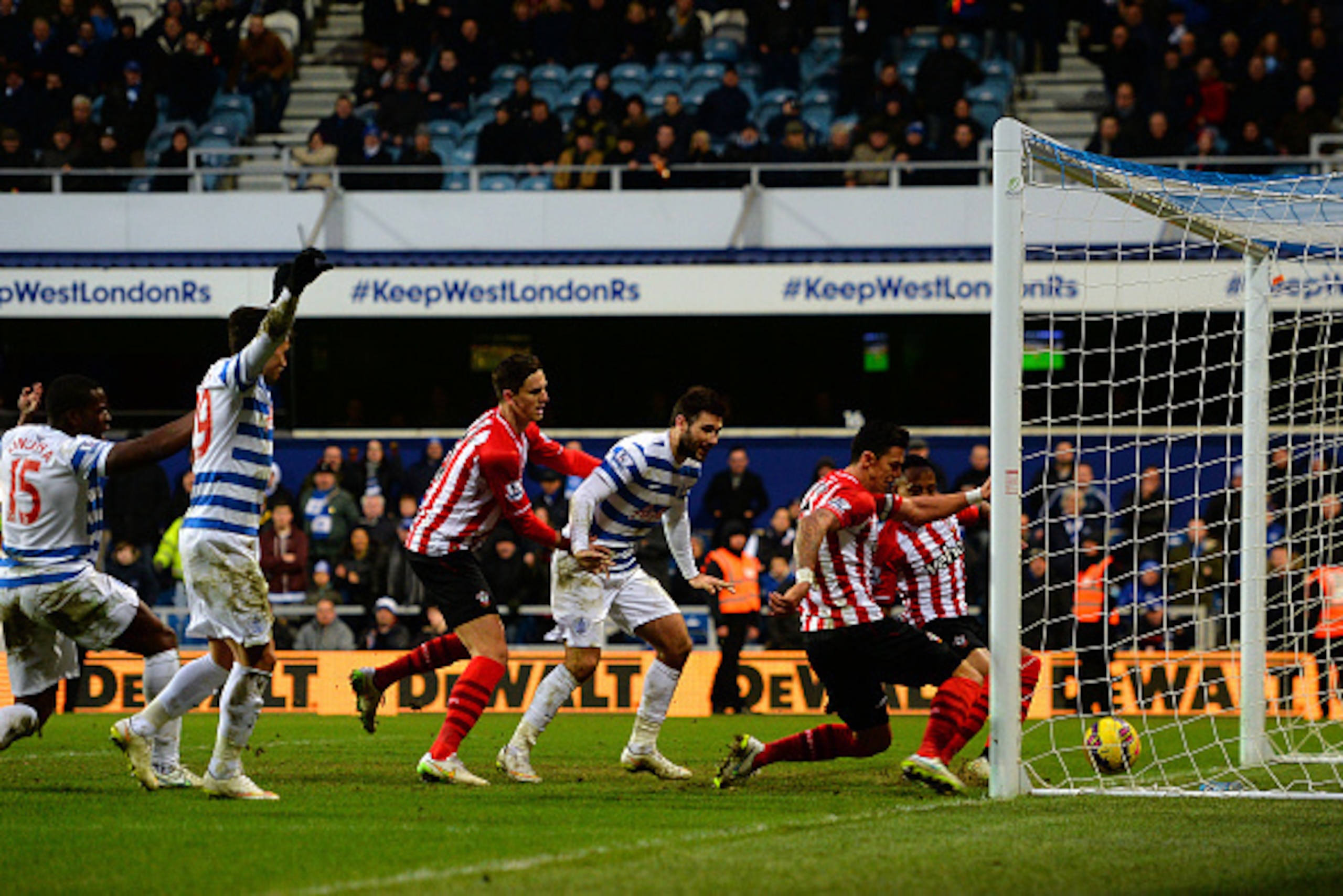 LONDON, ENGLAND - FEBRUARY 07:  Jose Fonte of Southampton attempts to tclear the ball off the line during the Barclays Premier League match between Queens Park Rangers and Southampton at Loftus Road on February 7, 2015 in London, England.  (Photo by Chris