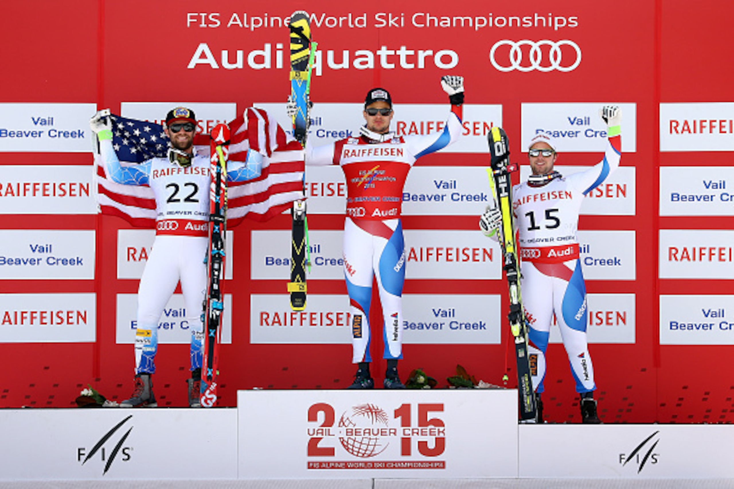 BEAVER CREEK, CO - FEBRUARY 07: (L-R) Silver medalist Travis Ganong of the United States, gold medalist Patrick Kueng of Switzerland, and bronze medalist Beat Feuz of Switzerland stand on the podium after the finish of the Men's Downhill in Red Tail Stad BEAVER CREEK, CO - FEBRUARY 07: (L-R) Silver medalist Travis Ganong of the United States, gold medalist Patrick Kueng of Switzerland, and bronze medalist Beat Feuz of Switzerland stand on the podium after the finish of the Men's Downhill in Red Tail Stad
