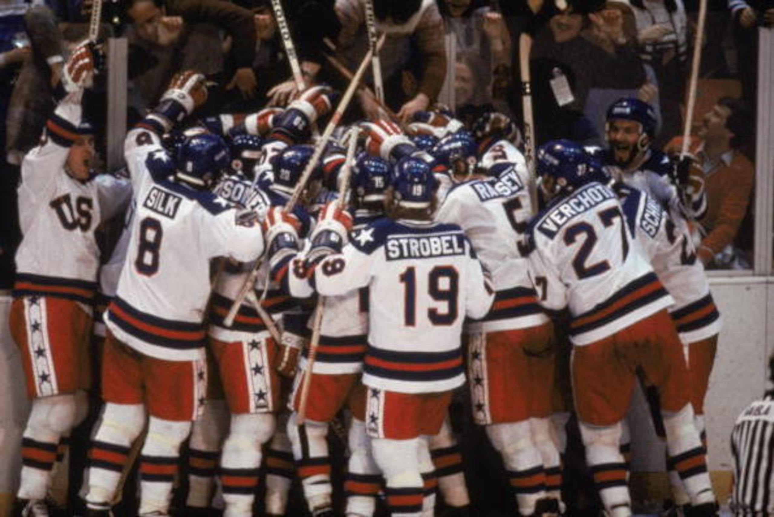 LAKE PLACID, NY - FEB 22:  Team USA celebrates their 4-3 victory over the Soviet Union in the semi-final Men's Ice Hockey event at the Winter Olympic Games in Lake Placid, New York on February 22, 1980.   The game was dubbed 'the Miracle on Ice'.  The USA