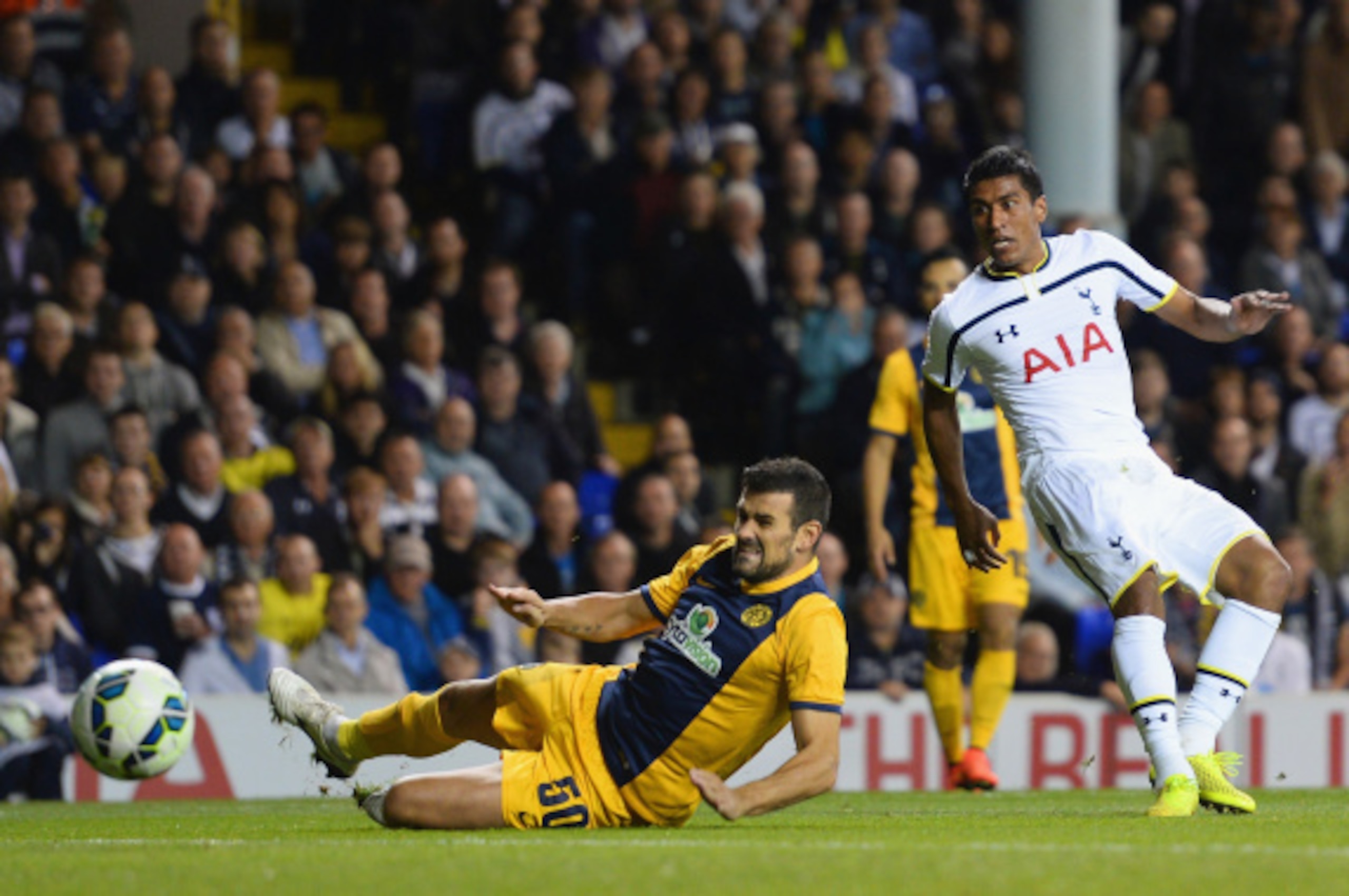 LONDON, ENGLAND - AUGUST 28: Paulinho of Spurs scores their second goal during the UEFA Europa League Qualifying Play-Offs Round Second Leg match between Tottenham Hotspur and AEL Limassol FC on August 28, 2014 in London, United Kingdom. (Photo by Jamie LONDON, ENGLAND - AUGUST 28: Paulinho of Spurs scores their second goal during the UEFA Europa League Qualifying Play-Offs Round Second Leg match between Tottenham Hotspur and AEL Limassol FC on August 28, 2014 in London, United Kingdom. (Photo by Jamie