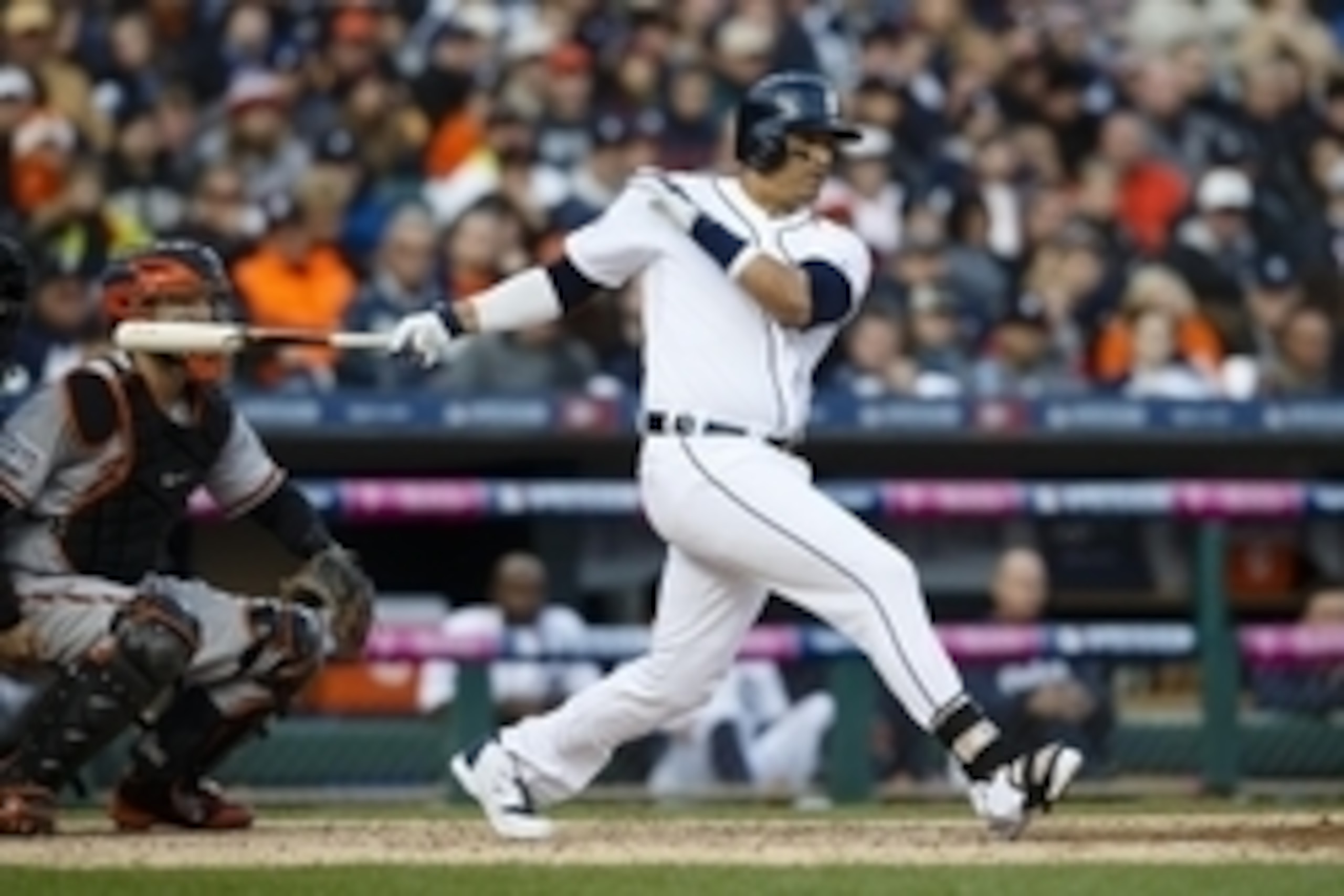 Oct 5, 2014; Detroit, MI, USA; Detroit Tigers designated hitter Victor Martinez (41) at bat against the Baltimore Orioles during game three of the 2014 ALDS baseball playoff game at Comerica Park. Mandatory Credit: Rick Osentoski-USA TODAY Sports Oct 5, 2014; Detroit, MI, USA; Detroit Tigers designated hitter Victor Martinez (41) at bat against the Baltimore Orioles during game three of the 2014 ALDS baseball playoff game at Comerica Park. Mandatory Credit: Rick Osentoski-USA TODAY Sports