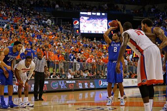 GAINESVILLE, FL - FEBRUARY 07: Aaron Harrison #2 of the Kentucky Wildcats shoots a free throw during the second half of the game against the Florida Gators at the Stephen C. O'Connell Center on February 7, 2015 in Gainesville, Florida. Kentucky made 21 of