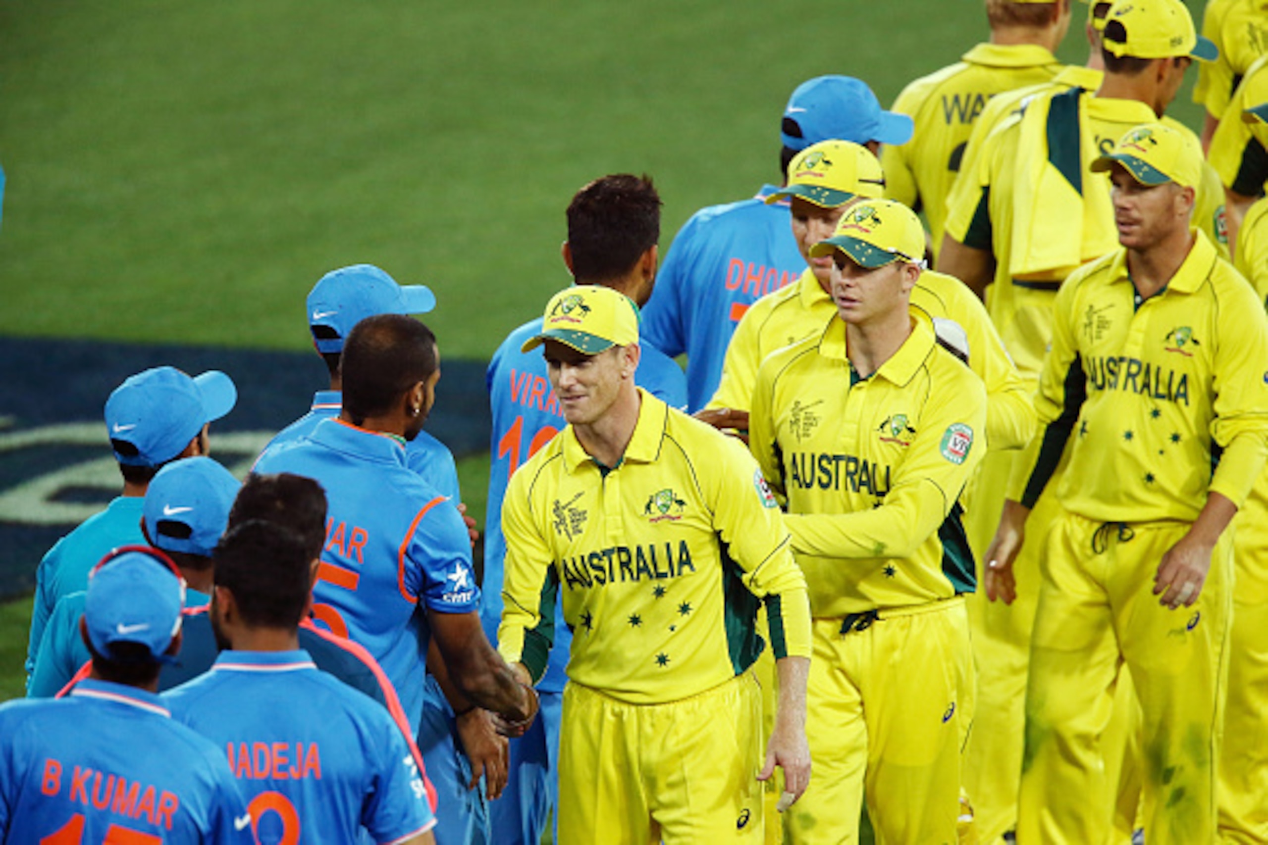 ADELAIDE, AUSTRALIA - FEBRUARY 08: Players from both sides shake hands after the ICC Cricket World Cup warm up match between Australia and India at Adelaide Oval on February 8, 2015 in Adelaide, Australia.  (Photo by Morne de Klerk/Getty Images)