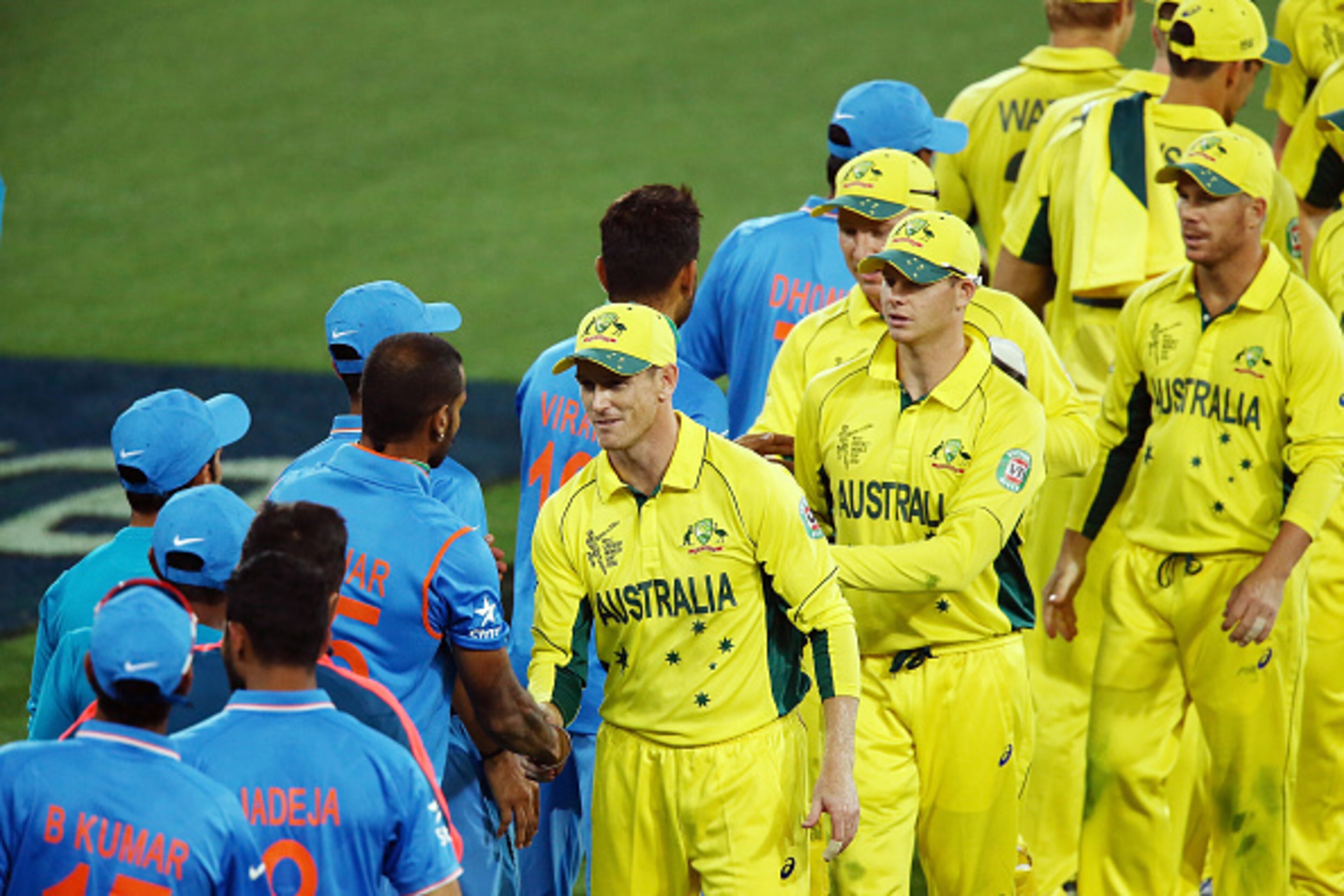 ADELAIDE, AUSTRALIA - FEBRUARY 08: Players from both sides shake hands after the ICC Cricket World Cup warm up match between Australia and India at Adelaide Oval on February 8, 2015 in Adelaide, Australia.  (Photo by Morne de Klerk/Getty Images)