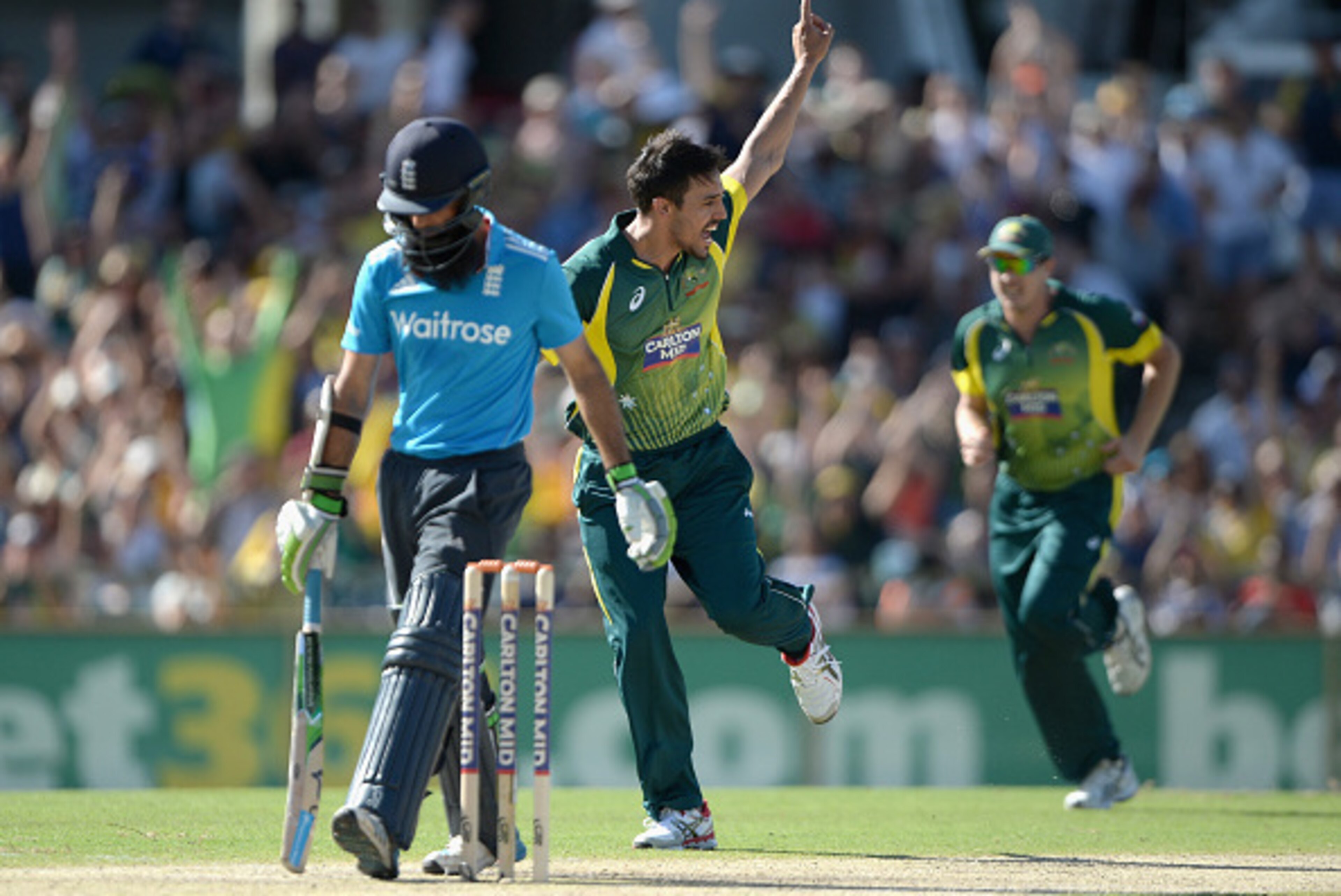 PERTH, AUSTRALIA - FEBRUARY 01:  Mitchell Johnson of Australia celebrates dismissing Moeen Ali of England during the final match of the Carlton Mid One Day International series between Australia and England at WACA on February 1, 2015 in Perth, Australia.