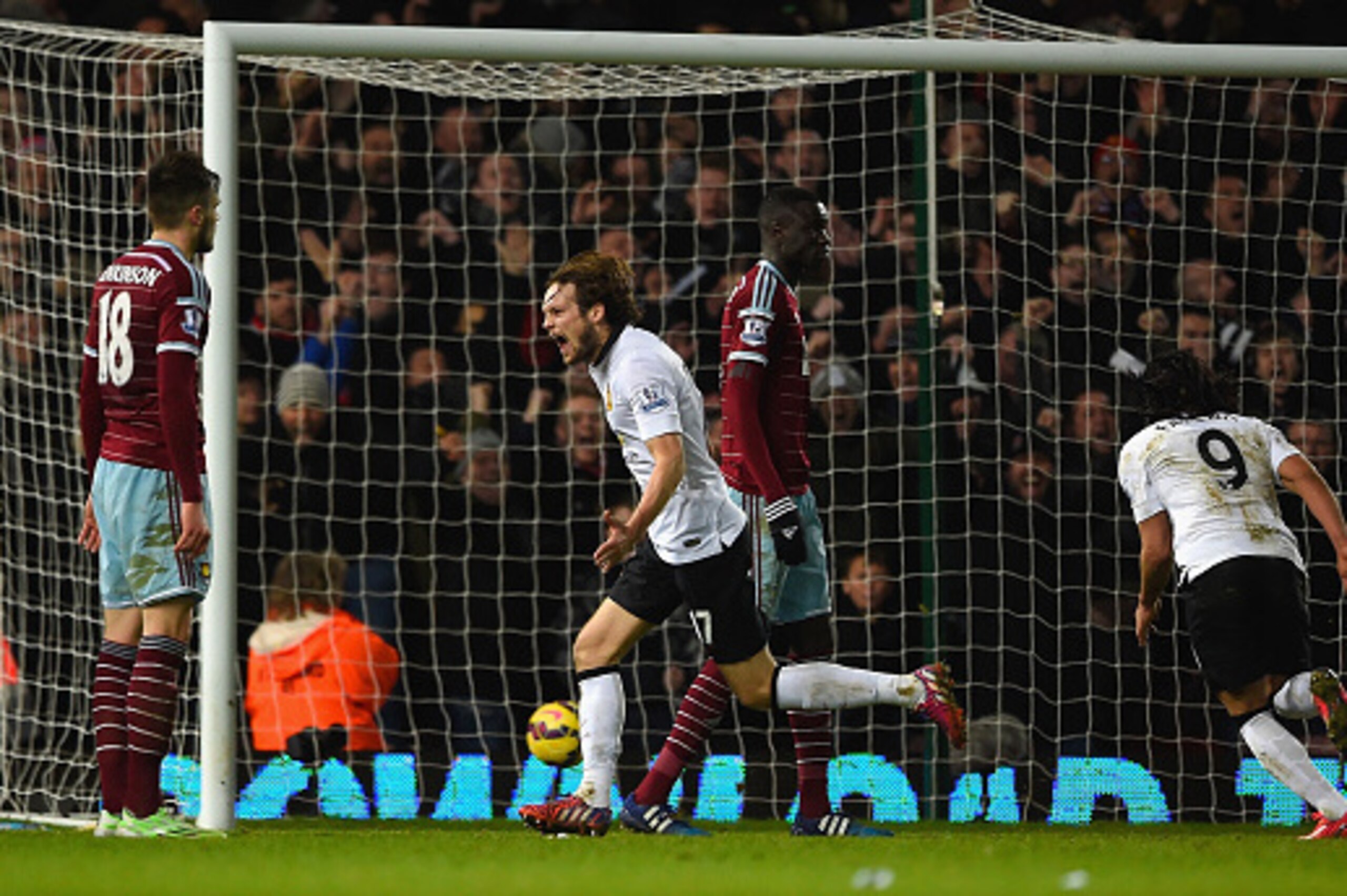 LONDON, ENGLAND - FEBRUARY 08: Daley Blind of Manchester United celebrates after scoring their first goal during the Barclays Premier League match between West Ham United and Manchester United at Boleyn Ground on February 8, 2015 in London, England.  (Pho