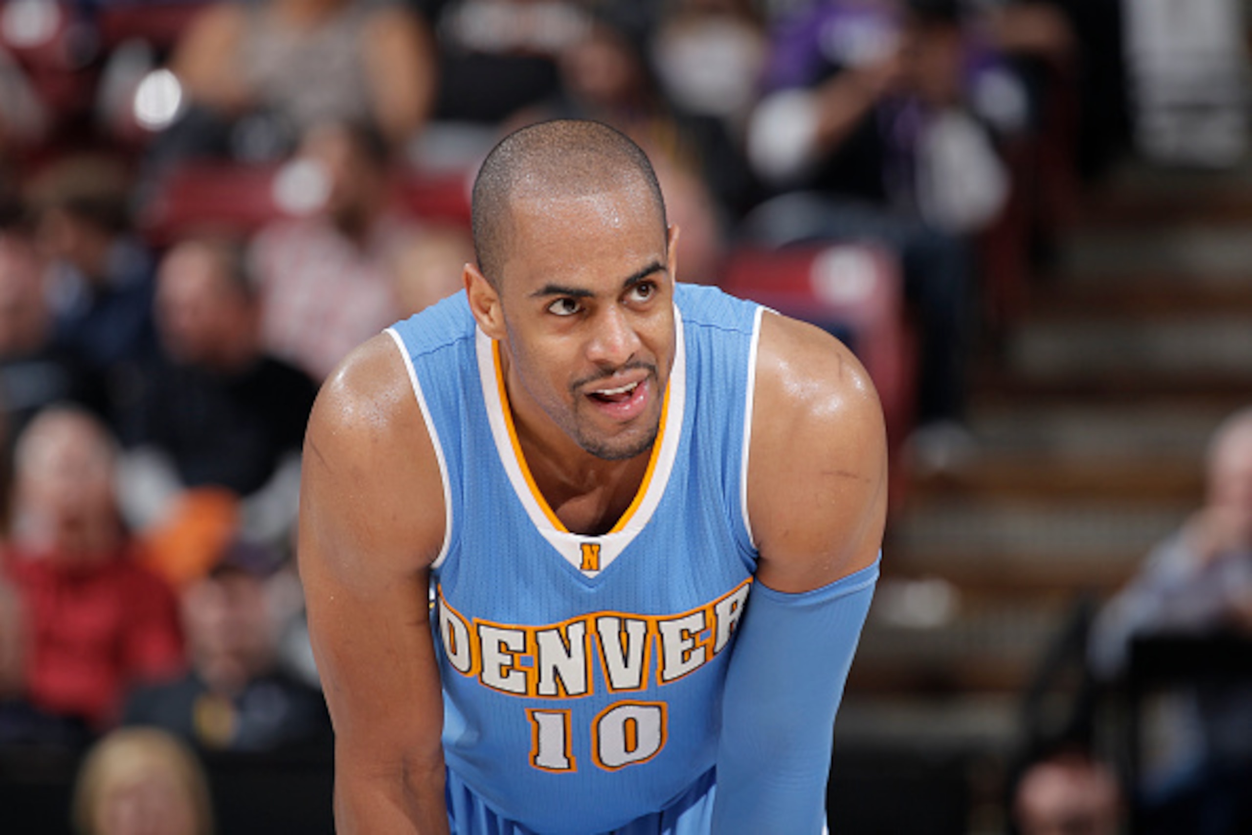 SACRAMENTO, CA - JANUARY 9: Arron Afflalo #10 of the Denver Nuggets looks on during the game against the Sacramento Kings on January 9, 2015 at Sleep Train Arena in Sacramento, California. NOTE TO USER: User expressly acknowledges and agrees that, by down