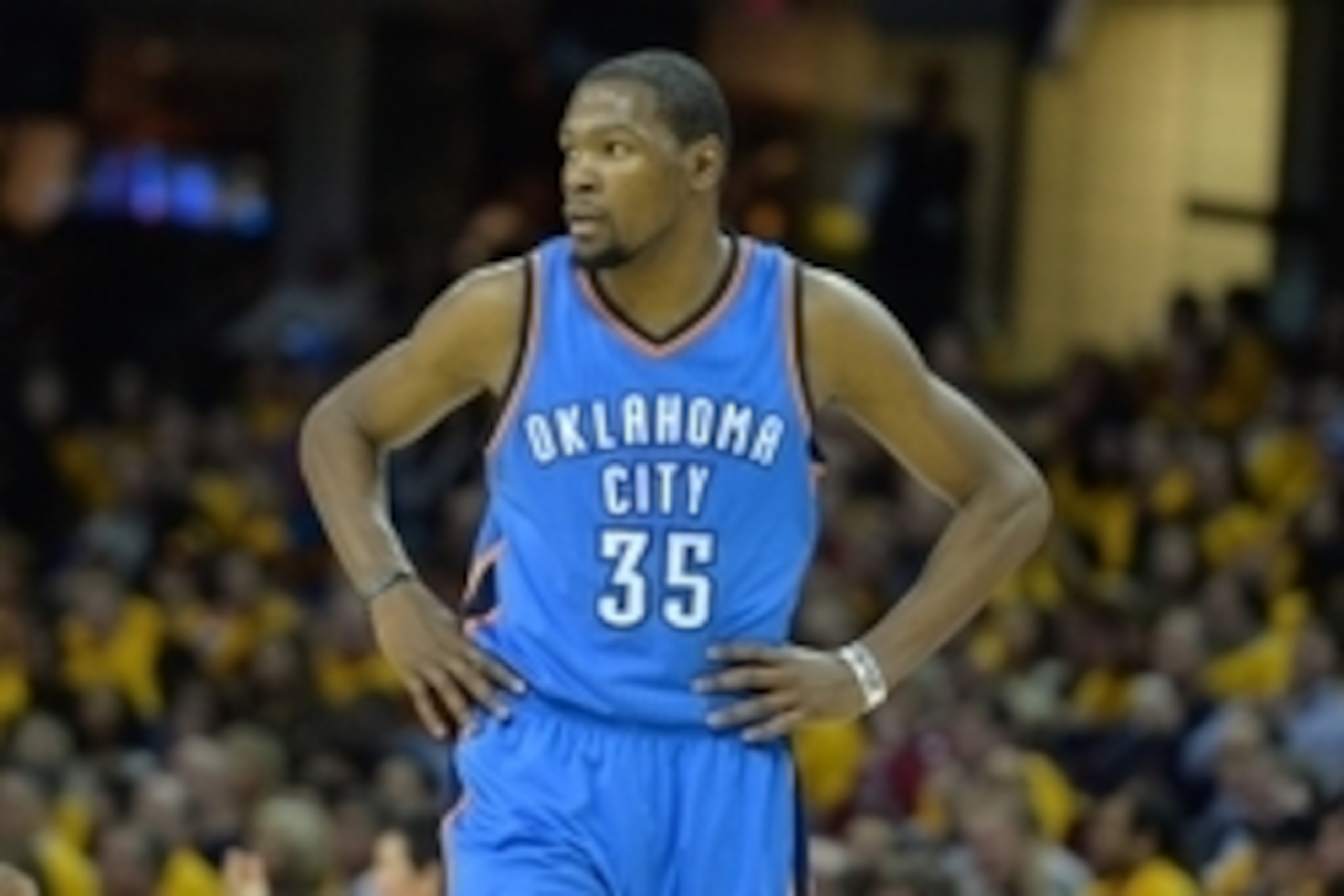 Jan 25, 2015; Cleveland, OH, USA; Oklahoma City Thunder forward Kevin Durant (35) reacts against the Cleveland Cavaliers at Quicken Loans Arena. Cleveland won 108-98. Mandatory Credit: David Richard-USA TODAY Sports