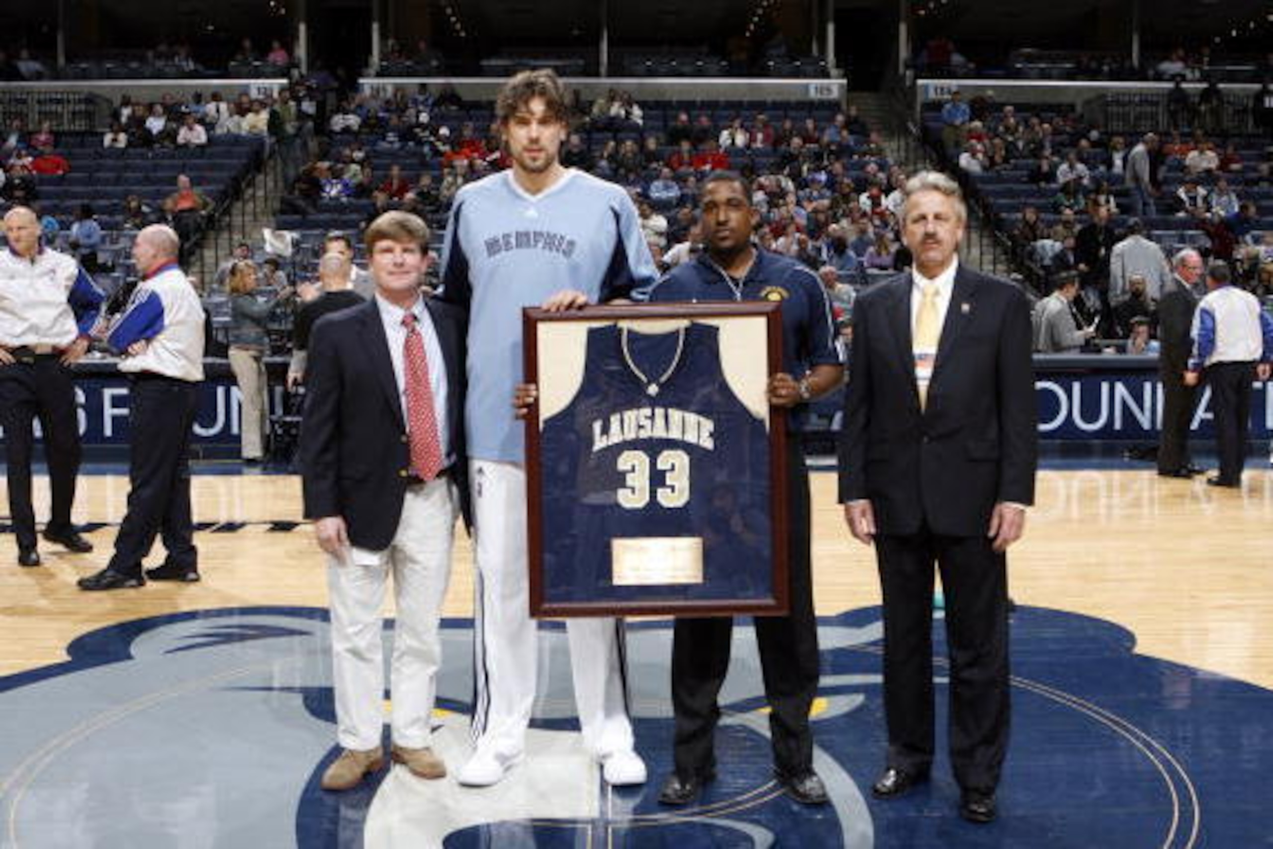 MEMPHIS, TN - DECEMBER 12: Marc Gasol #33 of the Memphis Grizzlies is presented with his retired high school jersey from Lausanne Collegiate School before a game against the Chicago Bulls on December 12, 2008 at the FedExForum in Memphis, Tennessee.  NOTE