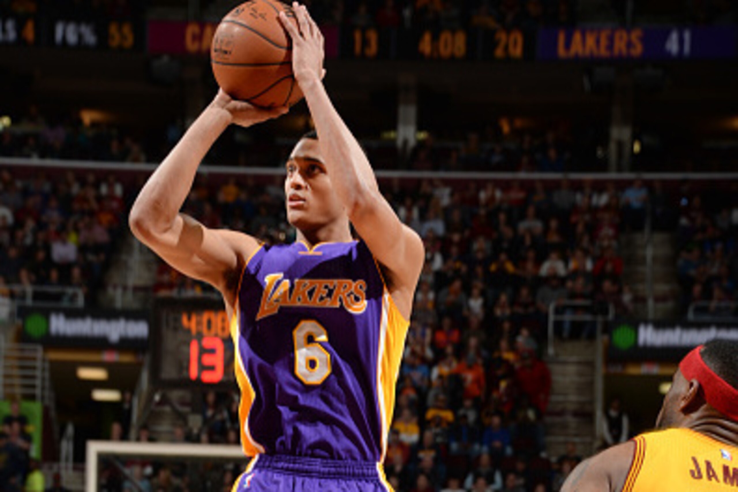 CLEVELAND, OH -  FEBRUARY 8: Jordan Clarkson #6 of the Los Angeles Lakers shoots against the Cleveland Cavaliers during the game on February 8, 2015 at Quicken Loans Arena in Cleveland, Ohio. NOTE TO USER: User expressly acknowledges and agrees that, by d