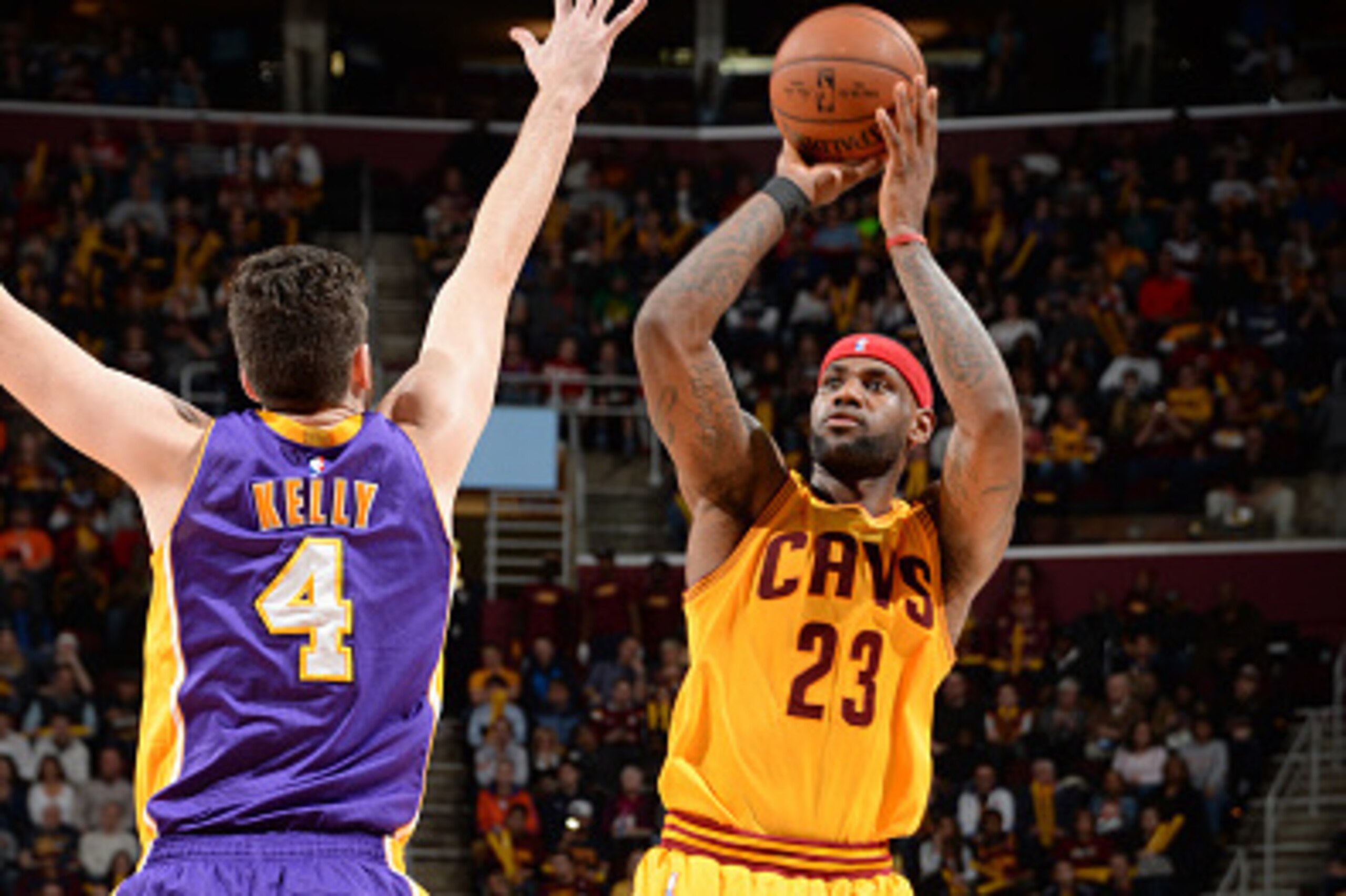 CLEVELAND, OH -  FEBRUARY 8: LeBron James #23 of the Cleveland Cavaliers shoots against the Los Angeles Lakers during the game on February 8, 2015 at Quicken Loans Arena in Cleveland, Ohio. NOTE TO USER: User expressly acknowledges and agrees that, by dow