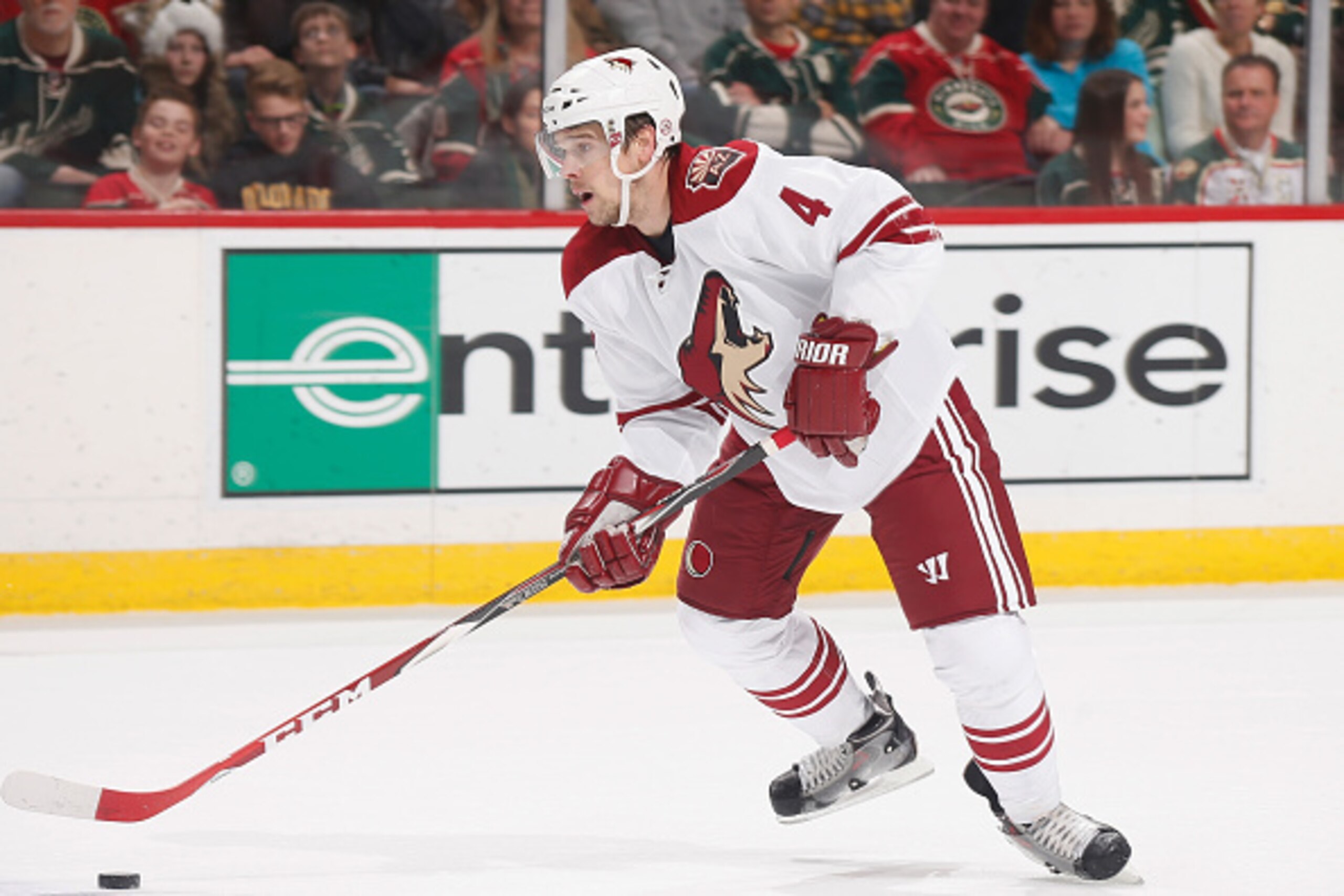 ST. PAUL, MN - JANUARY 17: Zbynek Michalek #4 of the Arizona Coyotes handles the puck during the game against the Minnesota Wild on January 17, 2015 at the Xcel Energy Center in St. Paul, Minnesota. (Photo by Bruce Kluckhohn/NHLI via Getty Images)