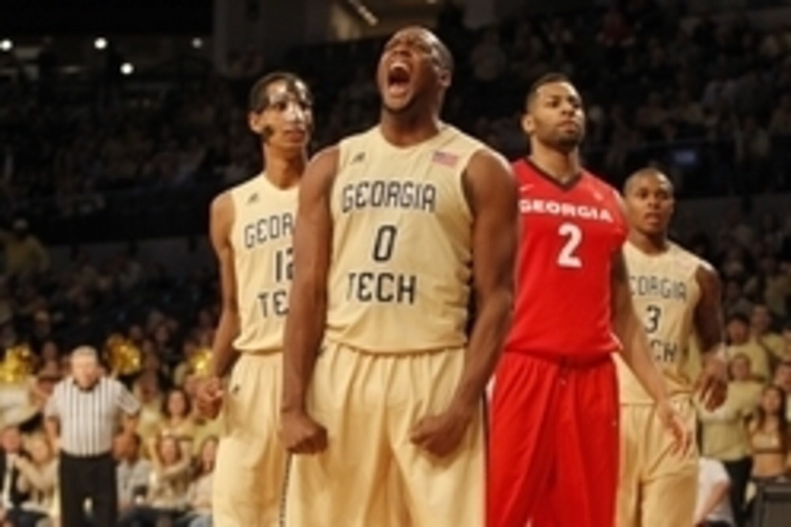 Nov 14, 2014; Atlanta, GA, USA; Georgia Tech Yellow Jackets forward Charles Mitchell (0) shows emotion after a blocked shot against the Georgia Bulldogs in the second half at McCamish Pavilion. Georgia Tech defeated Georgia 80-73. Mandatory Credit: Brett 