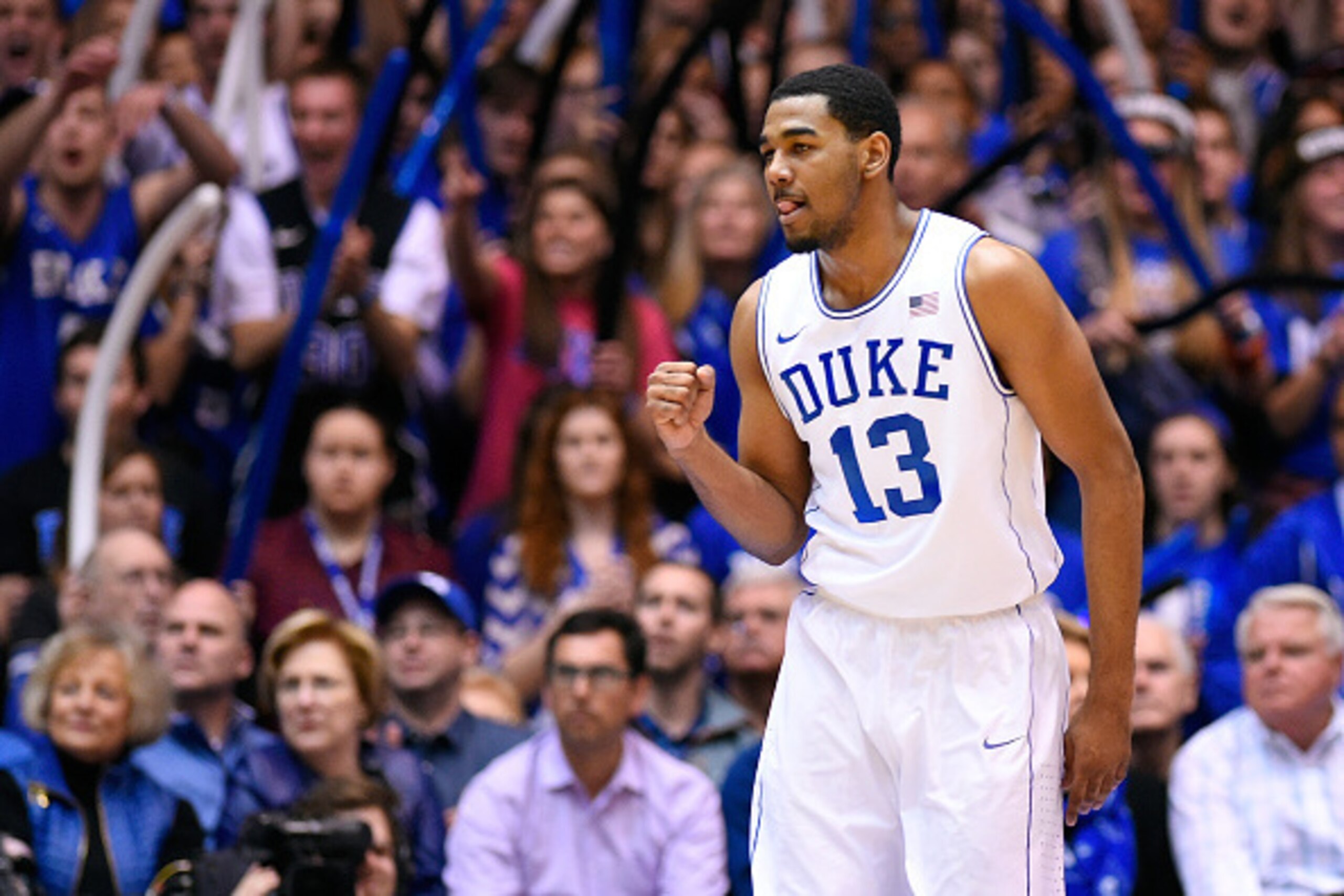 DURHAM, NC - FEBRUARY 07:  Matt Jones #13 of the Duke Blue Devils reacts during their win against the Notre Dame Fighting Irish at Cameron Indoor Stadium on February 7, 2015 in Durham, North Carolina.  (Photo by Grant Halverson/Getty Images)