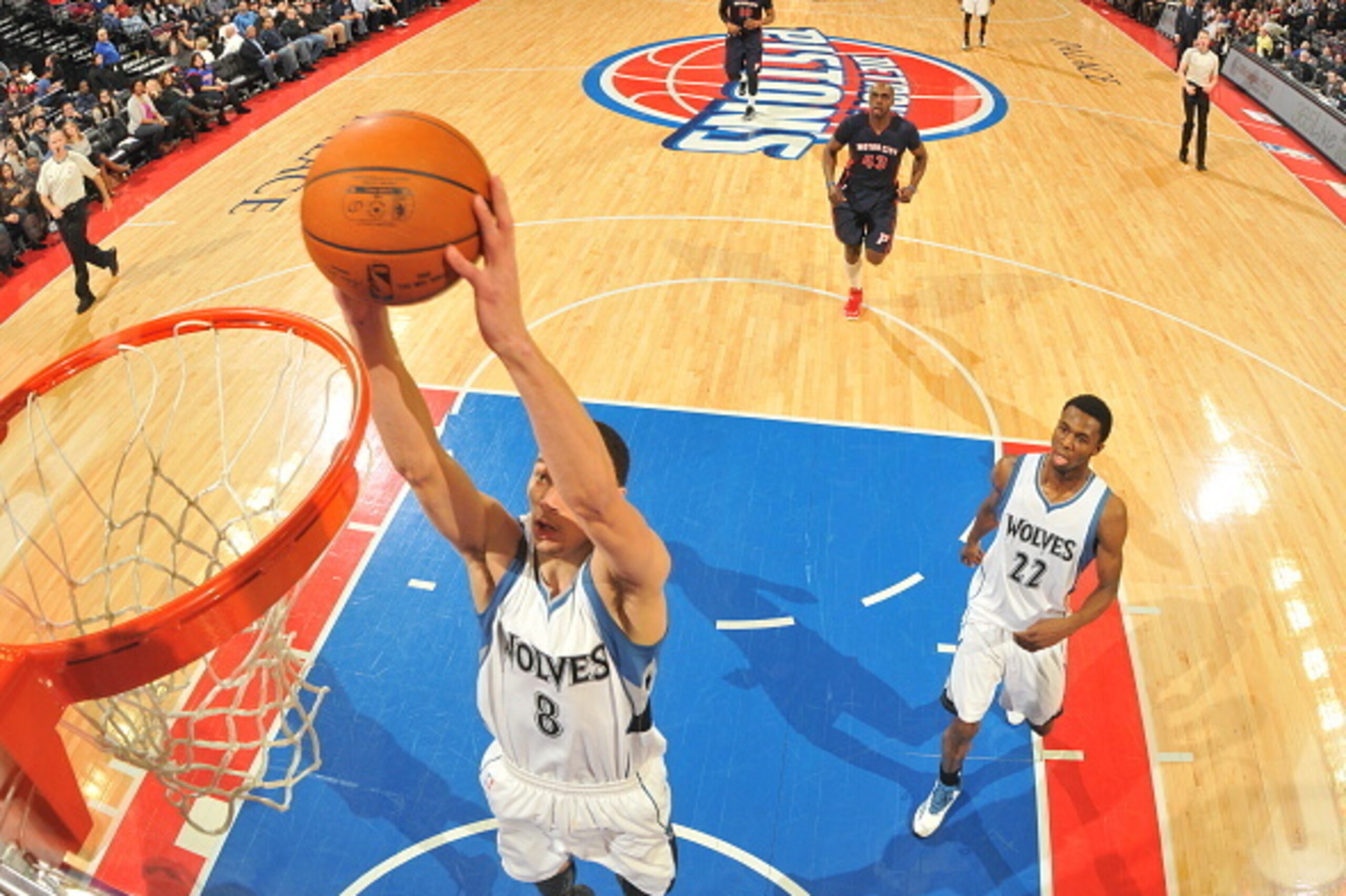 AUBURN HILLS, MI - FEBRUARY 8: Zach LaVine #8 of the Minnesota Timberwolves goes up for a dunk against the Detroit Pistons on February 8, 2015 at The Palace of Auburn Hills in Auburn Hills, Michigan. NOTE TO USER: User expressly acknowledges and agrees th
