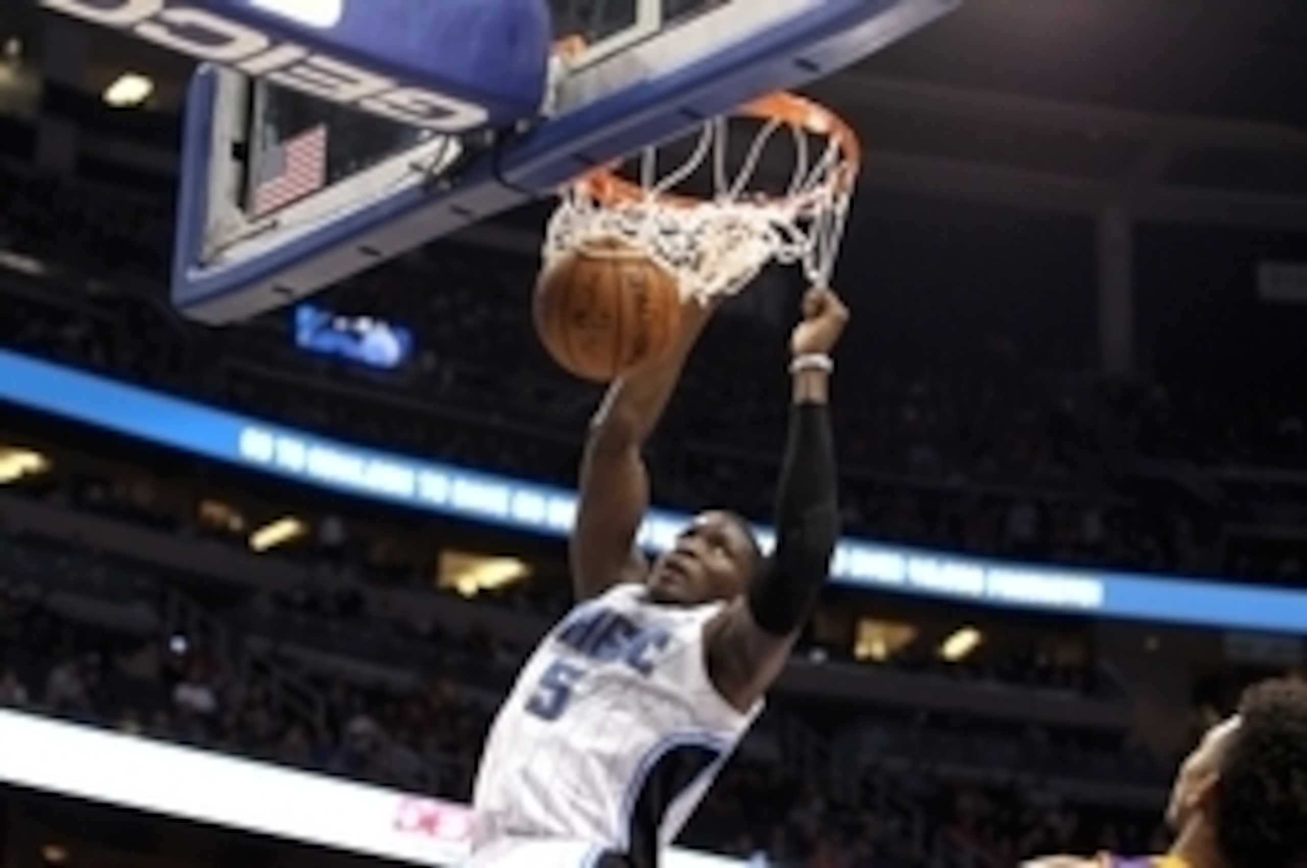 Feb 6, 2015; Orlando, FL, USA; Orlando Magic guard Victor Oladipo (5) dunks against the Los Angeles Lakers during the second half at Amway Center. Orlando Magic defeated the Los Angeles Lakers 103-97. Mandatory Credit: Kim Klement-USA TODAY Sports