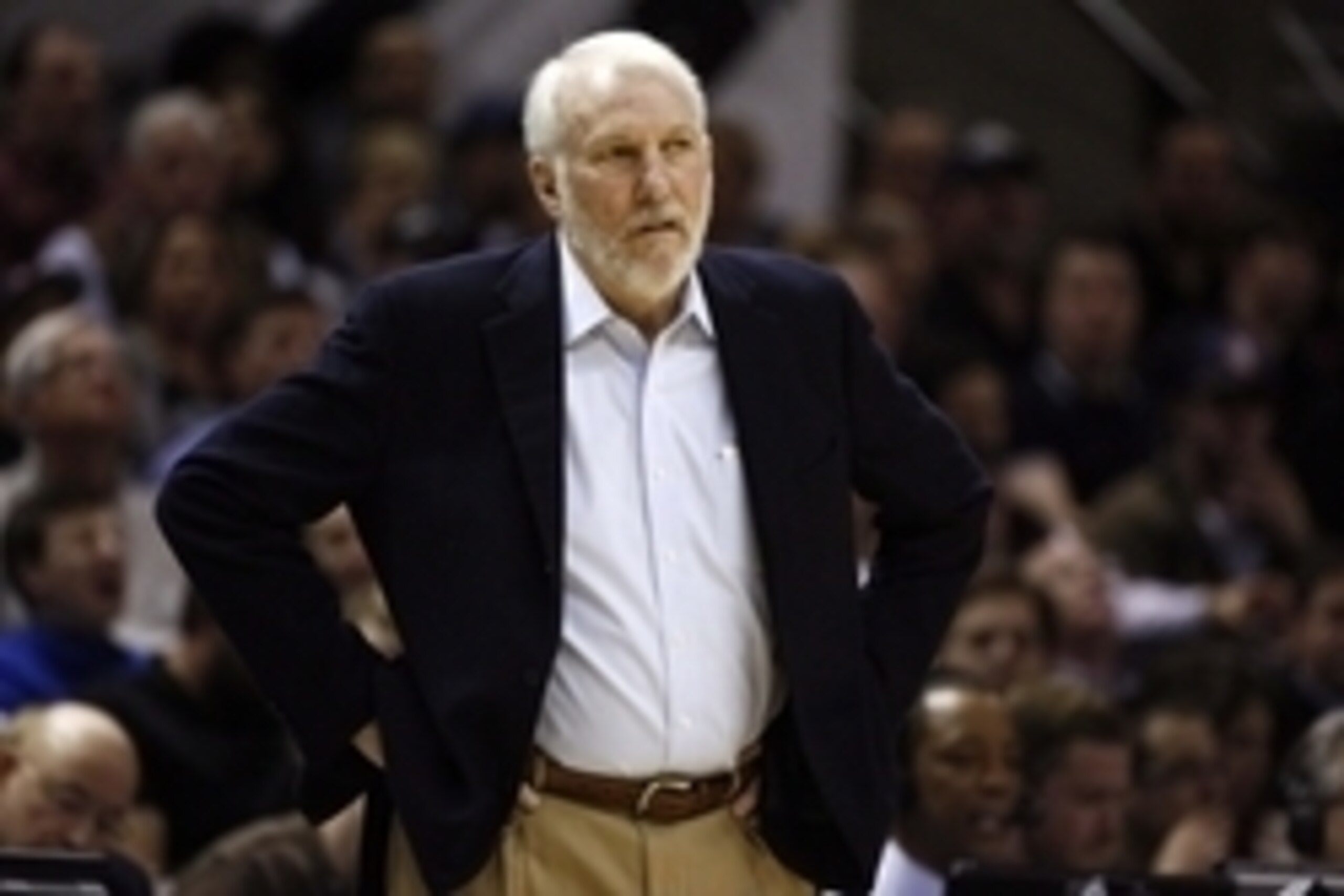 Jan 16, 2015; San Antonio, TX, USA; San Antonio Spurs head coach Gregg Popovich reacts to a call against the Portland Trail Blazers during the first half at AT&T Center. Mandatory Credit: Soobum Im-USA TODAY Sports