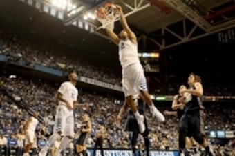 Nov 23, 2014; Lexington, KY, USA; Kentucky Wildcats forward Karl-Anthony Towns (12) dunks the ball against the Montana State Bobcats  in the second half at Rupp Arena. Kentucky defeated Montana State 86-28. Mandatory Credit: Mark Zerof-USA TODAY Sports
