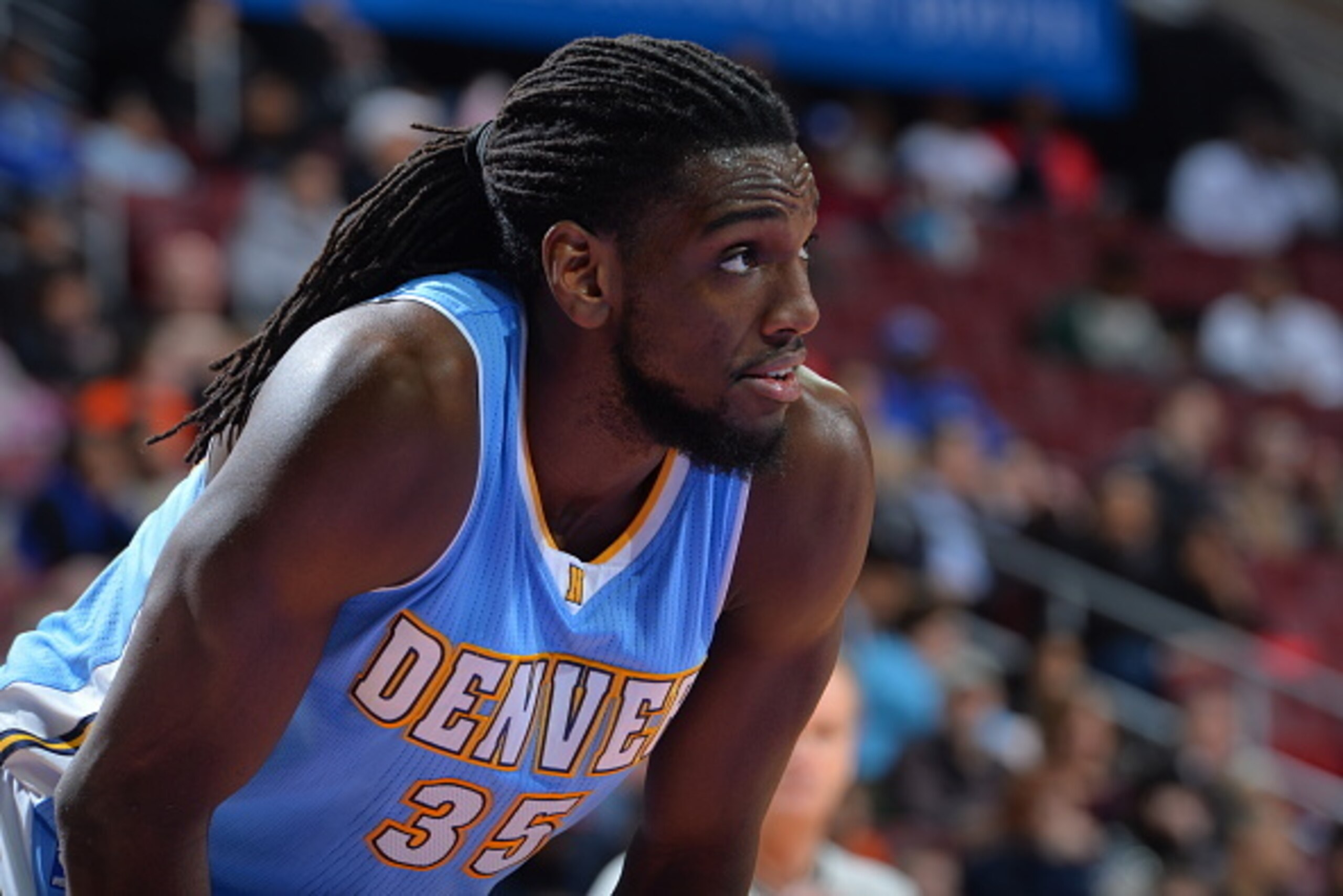 PHILADELPHIA, PA - FEBRUARY 3: Kenneth Faried #35 of the Denver Nuggets looks on against the Philadelphia 76ers at Wells Fargo Center on February 3, 2015 in Philadelphia, Pennsylvania NOTE TO USER: User expressly acknowledges and agrees that, by downloadi