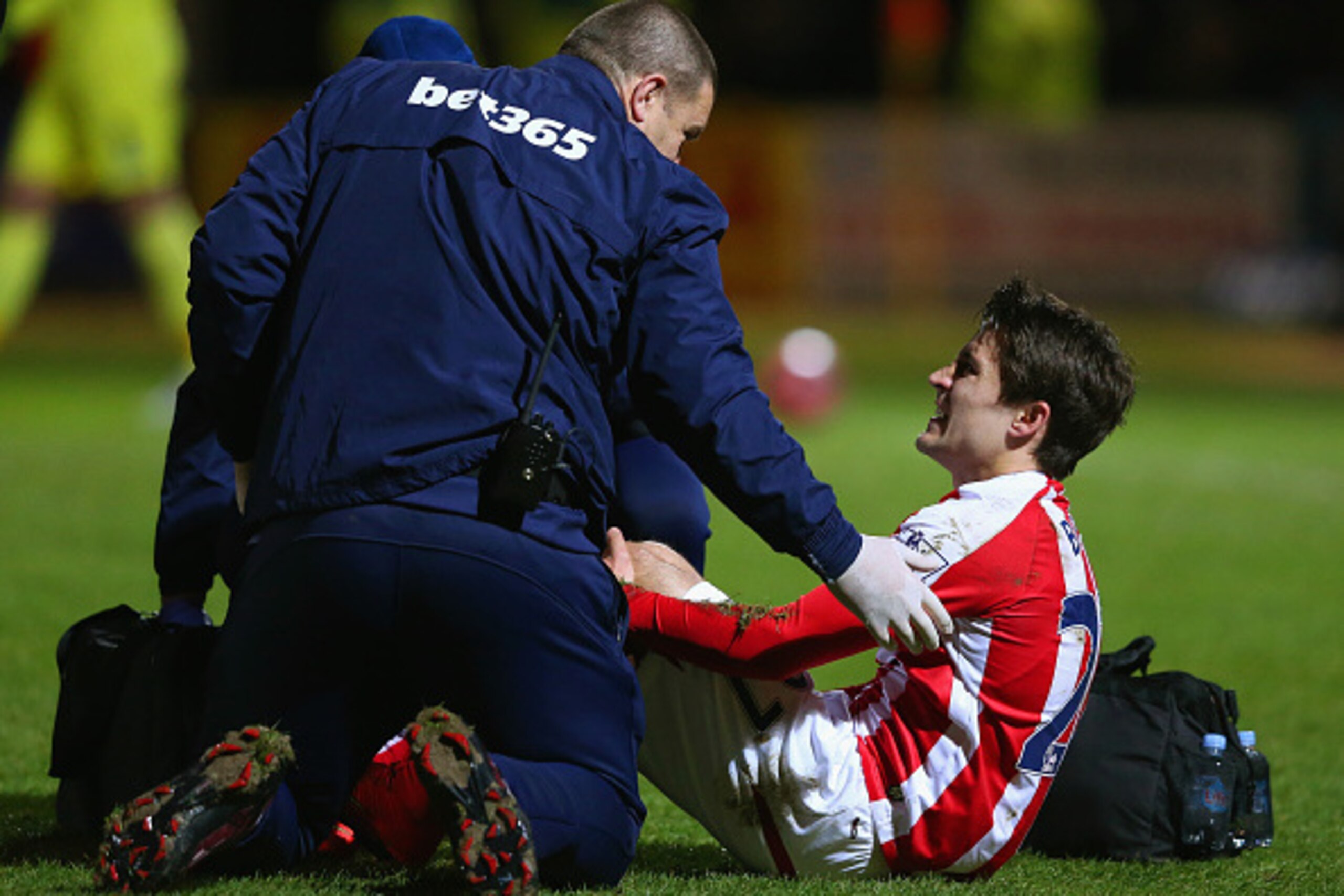 ROCHDALE, ENGLAND - JANUARY 26:  Bojan Krkic of Stoke City receives treatment during the FA Cup fourth round match between Rochdale and Stoke City at Spotland Stadium on January 26, 2015 in Rochdale, England.  (Photo by Alex Livesey/Getty Images)