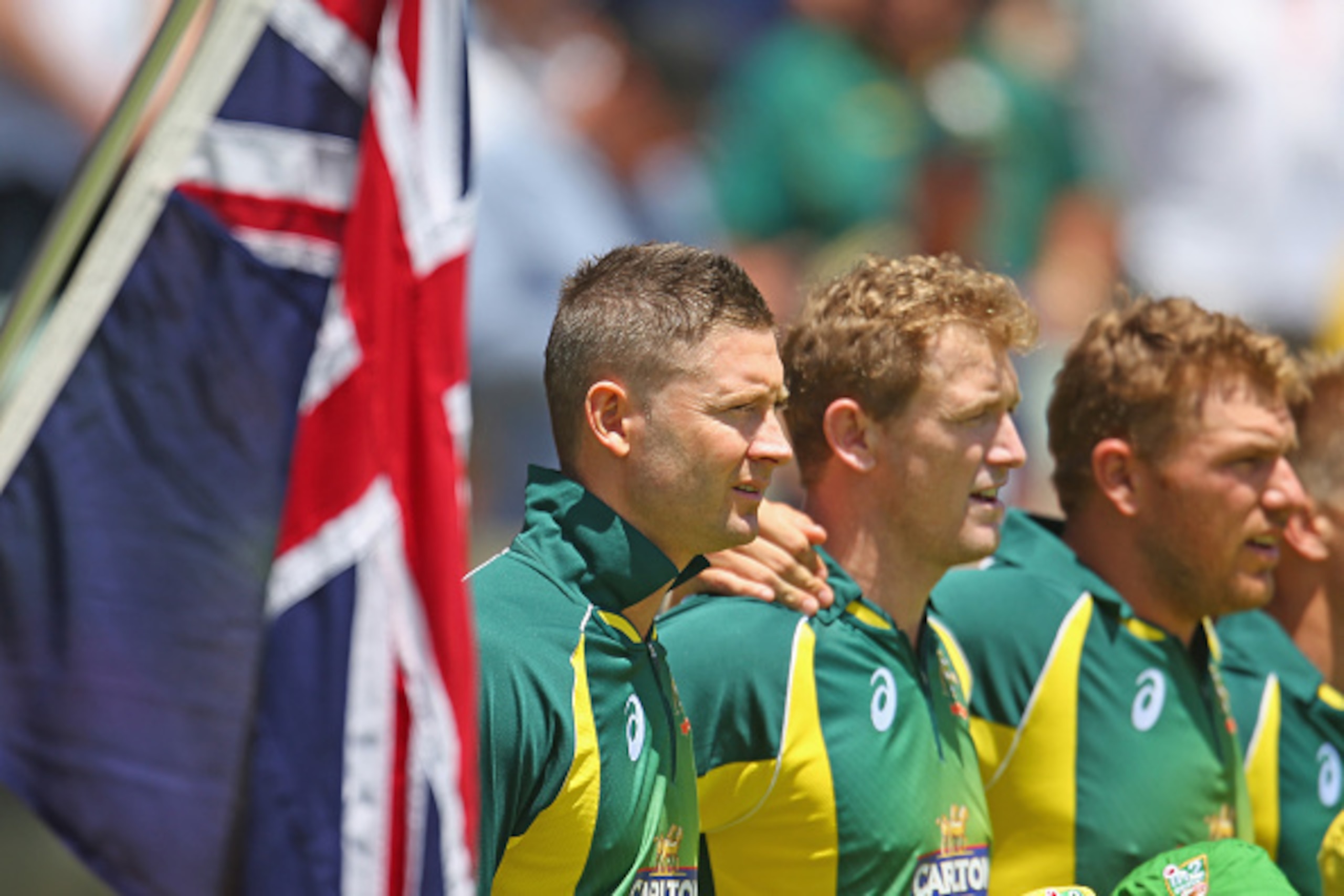 PERTH, AUSTRALIA - NOVEMBER 14:  Michael Clarke, George Bailey and Aaron Finch of Australia stand for the national anthem during game one of the men's one day international series between Australia and South Africa at WACA on November 14, 2014 in Perth, A