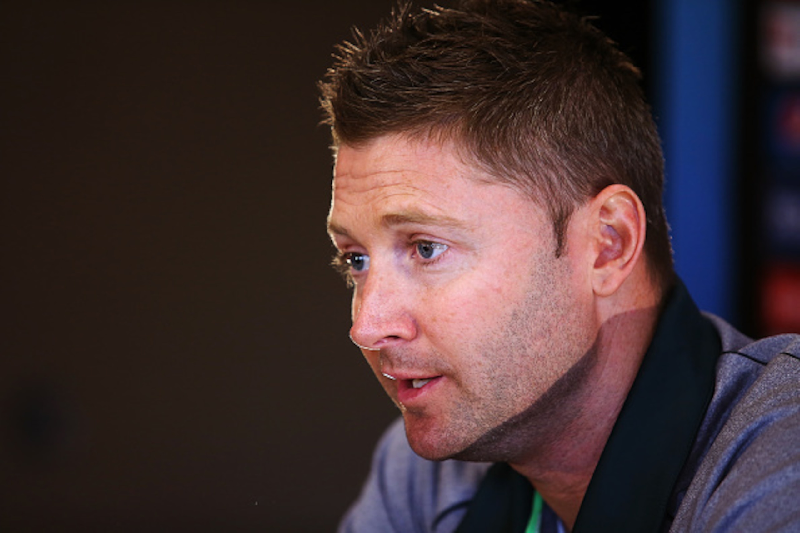 ADELAIDE, AUSTRALIA - FEBRUARY 06:  Michael Clarke speaks to the media during a press conference at the Adelaide Intercontinental on February 6, 2015 in Adelaide, Australia.  (Photo by Morne de Klerk/Getty Images)