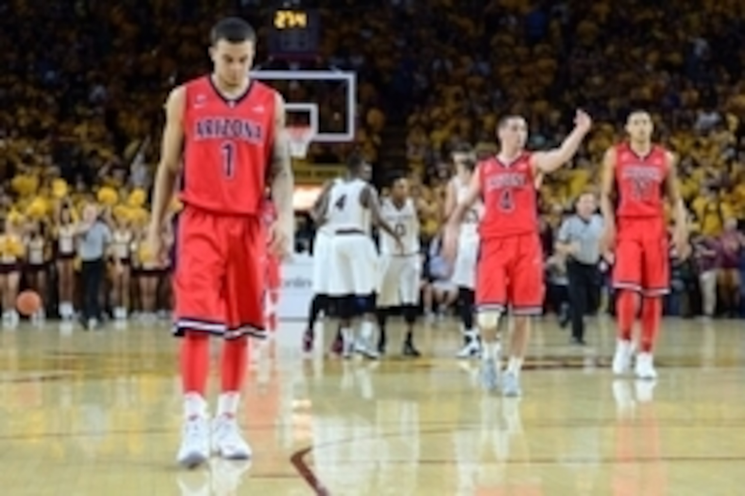 Feb 7, 2015; Tempe, AZ, USA; Arizona Wildcats guard Gabe York (1) looks on against the Arizona State Sun Devils during the second half at Wells-Fargo Arena. The Sun Devils won 81-78. Mandatory Credit: Joe Camporeale-USA TODAY Sports