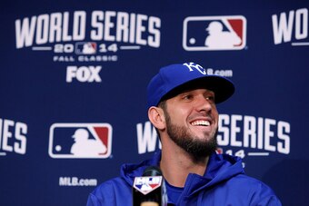 KANSAS CITY, MO - OCTOBER 20:  James Shields #33 of the Kansas City Royals speaks to the media during the 2014 World Series Media Day at Kauffman Stadium on October 20, 2014 in Kansas City, Missouri.  (Photo by Ed Zurga/Getty Images)