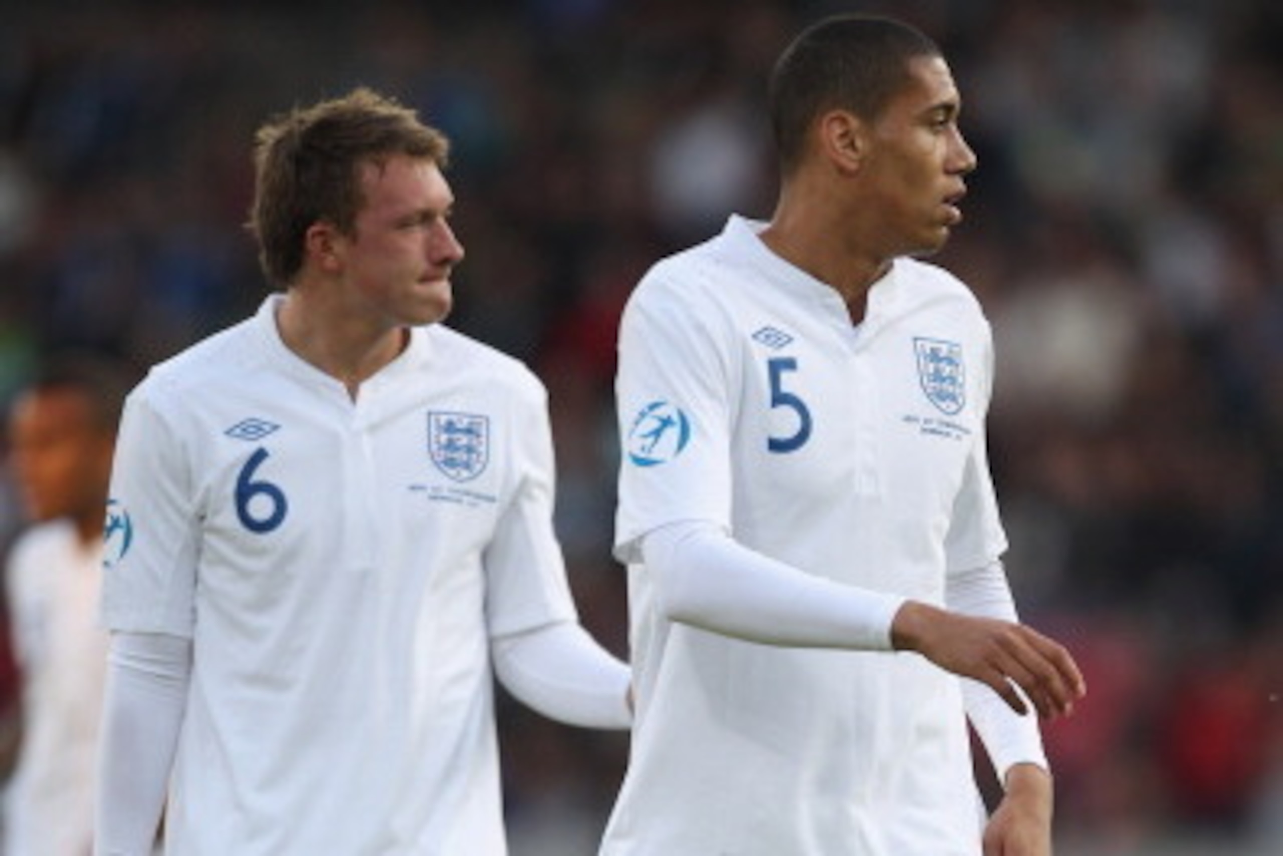 HERNING, DENMARK - JUNE 12: Phil Jones (L) and Chris Smalling (R) of England during the UEFA European Under-21 Championship Group B match between England and Spain at the Herning Stadium on June 12, 2011 in Herning, Denmark.  (Photo by Michael Steele/Gett