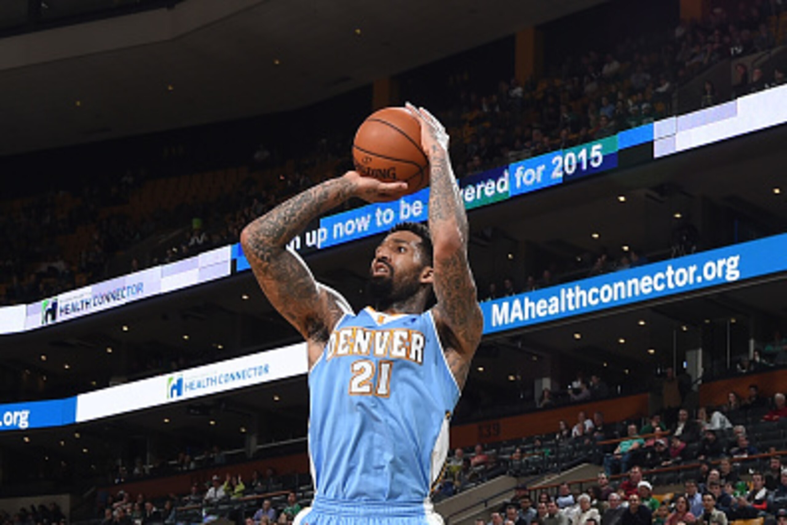 BOSTON, MA - FEBRUARY 4: Wilson Chandler #21 of the Denver Nuggets shoots against the Boston Celtics on February 4, 2015 at TD Garden in Boston, Massachusetts. NOTE TO USER: User expressly acknowledges and agrees that, by downloading and or using this P BOSTON, MA - FEBRUARY 4: Wilson Chandler #21 of the Denver Nuggets shoots against the Boston Celtics on February 4, 2015 at TD Garden in Boston, Massachusetts. NOTE TO USER: User expressly acknowledges and agrees that, by downloading and or using this P