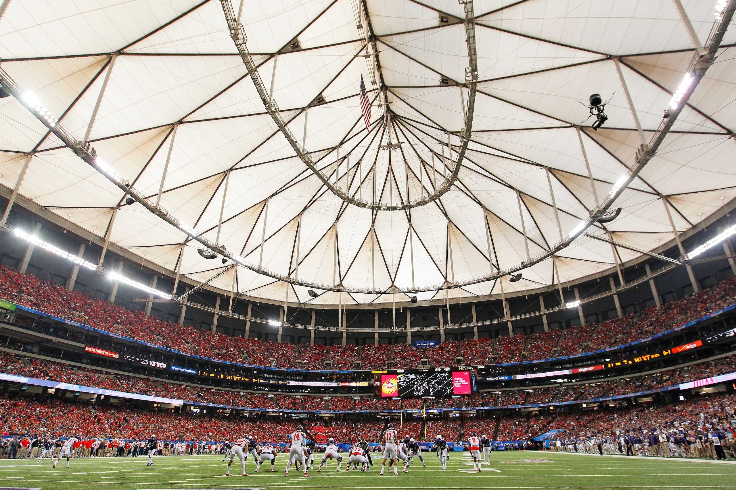 ATLANTA, GA - DECEMBER 31:  A general view as the the TCU Horned Frogs play the Ole Miss Rebels during the Chik-fil-A Peach Bowl at Georgia Dome on December 31, 2014 in Atlanta, Georgia.  (Photo by Kevin C. Cox/Getty Images)