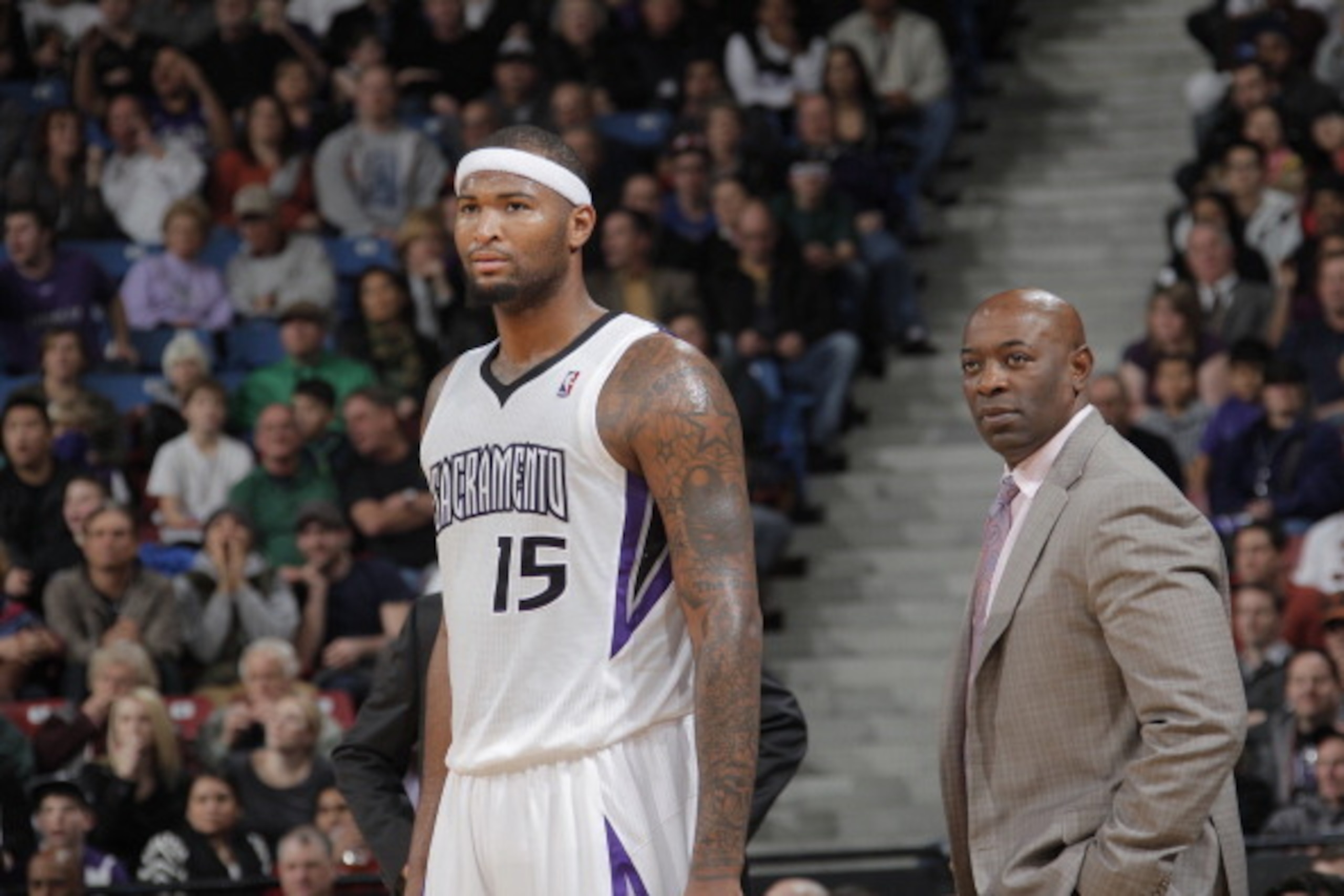 SACRAMENTO, CA - JANUARY 10: DeMarcus Cousins #15 and Head Coach Keith Smart of the Sacramento Kings in a game against the Dallas Mavericks on January 10, 2013 at Sleep Train Arena in Sacramento, California. NOTE TO USER: User expressly acknowledges and a
