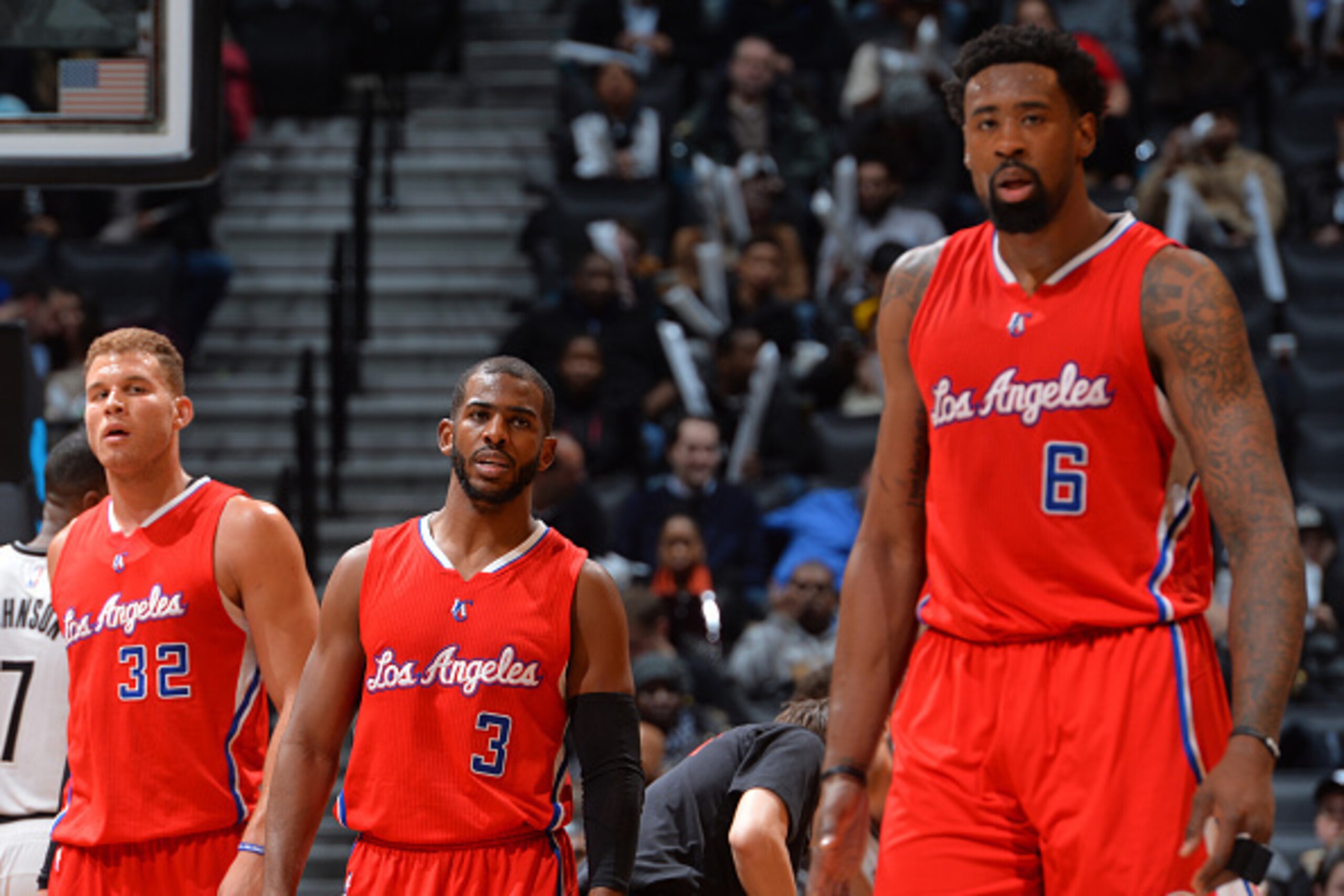 BROOKLYN, NY - FEBRUARY 2: DeAndre Jordan #6, Chris Paul #3 Blake Griffin #32 of the Los Angeles Clippers look on against the Brooklyn Nets at the Barclays Center on February 2,2015 in Brooklyn, NY NOTE TO USER: User expressly acknowledges and agrees that