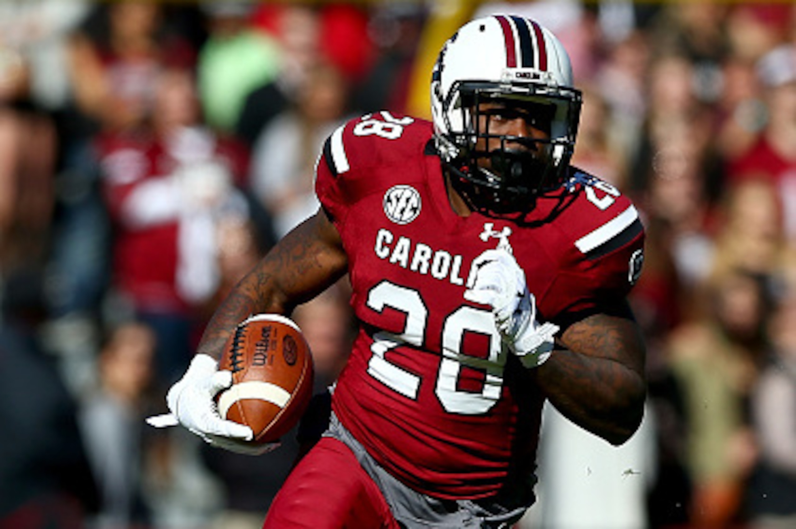 COLUMBIA, SC - NOVEMBER 22:  T.J. Gurley #20 of the South Carolina Gamecocks during their game at Williams-Brice Stadium on November 22, 2014 in Columbia, South Carolina.  (Photo by Streeter Lecka/Getty Images)