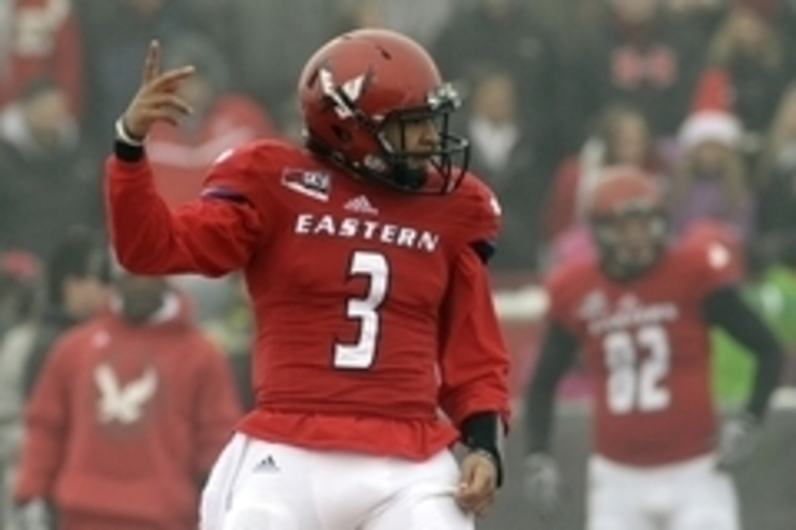 Dec 21, 2013; Cheney, WA, USA; Eastern Washington Eagles quarterback Vernon Adams (3) tries to get the crowd to cheer against the Towson Tigers during the first half at Roos Field. Mandatory Credit: James Snook-USA TODAY Sports