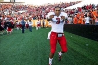 Aug 31, 2013; Corvallis, OR, USA; Eastern Washington Eagles quarterback Vernon Adams (3) celebrates with fans after defeating the Oregon State Beavers  49-46 at Reser Stadium. Mandatory Credit: Jaime Valdez-USA TODAY Sports