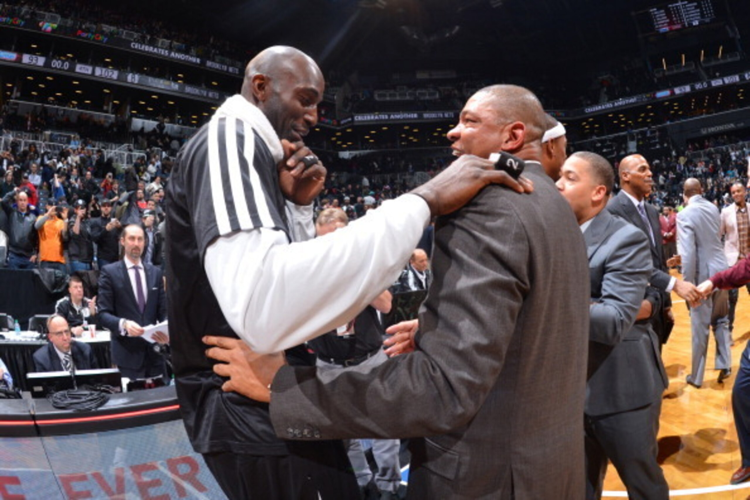 BROOKLYN, NY - DECEMBER 12: Kevin Garnett # 5 of the Brooklyn Nets greets Head Coach Doc Rivers of the Los Angeles Clippers on December 12, 2013 at the Barclays Center in Brooklyn, New York.  NOTE TO USER: User expressly acknowledges and agrees that, by d