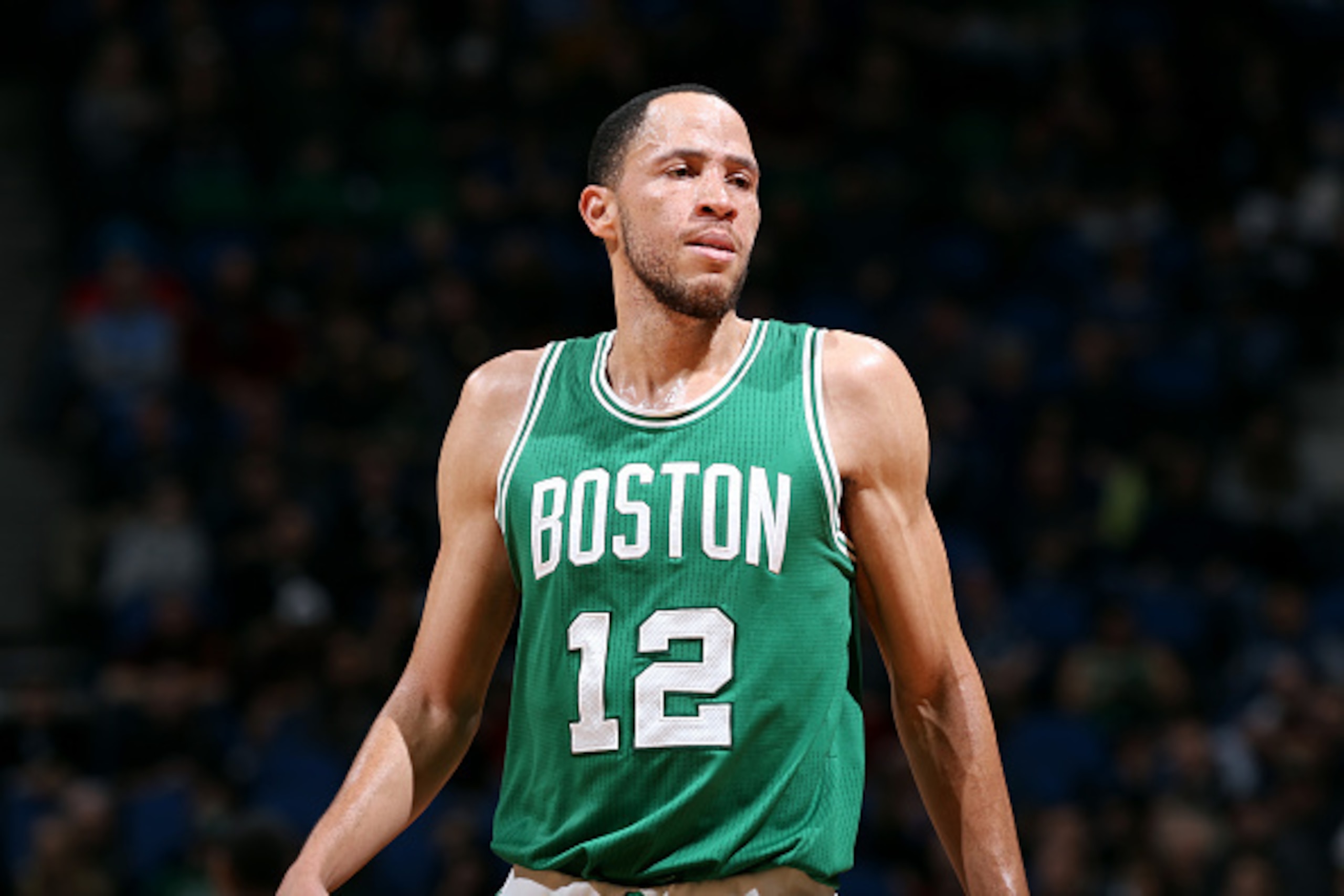 MINNEAPOLIS, MN - JANUARY 28: Tayshaun Prince #12 of the Boston Celtics stands on the court during a game against the Minnesota Timberwolves on January 28, 2015 at Target Center in Minneapolis, Minnesota. NOTE TO USER: User expressly acknowledges and agre