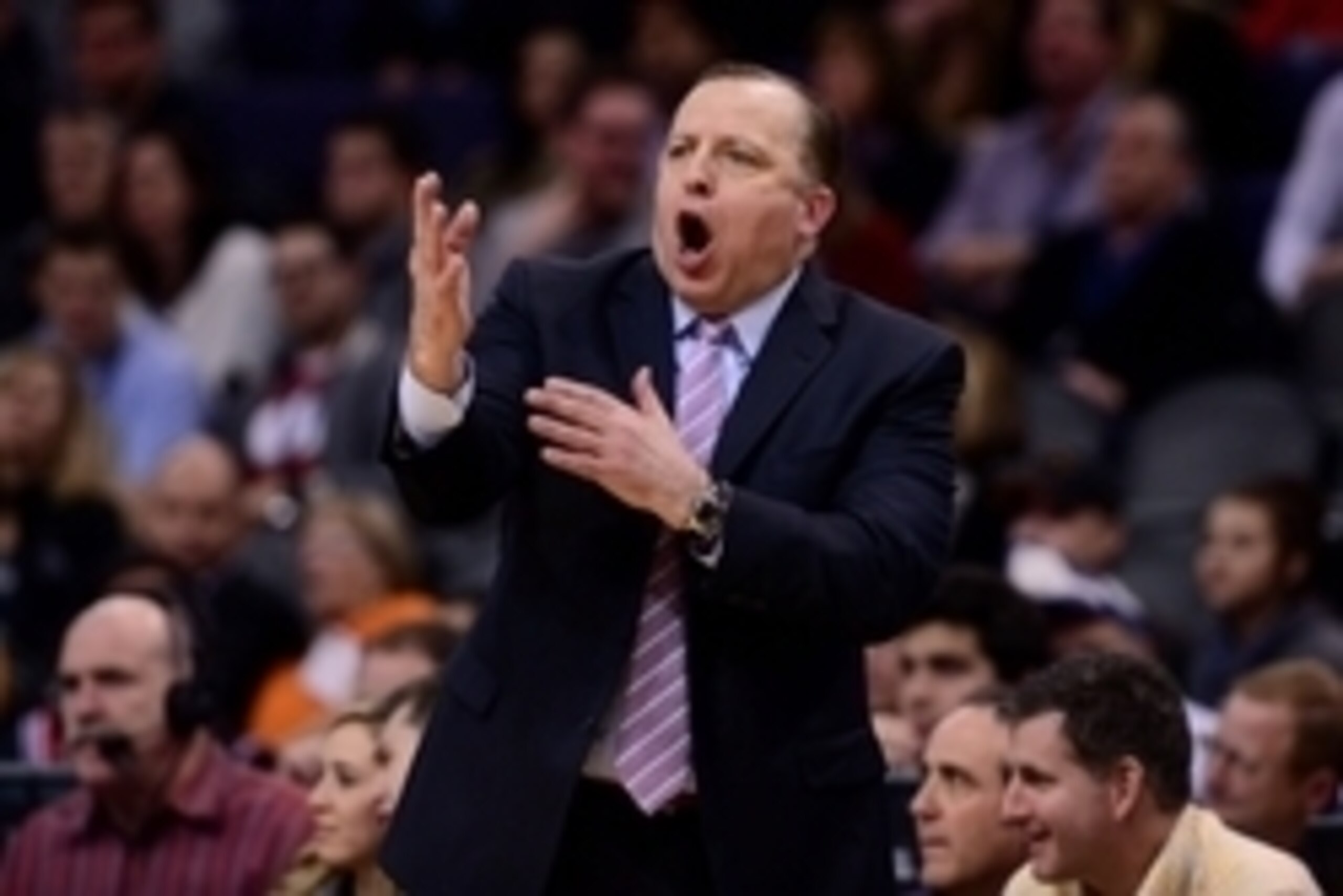Jan 30, 2015; Phoenix, AZ, USA; Chicago Bulls head coach Tom Thibodeau reacts from the sidelines against the Phoenix Suns in the first half at US Airways Center. Mandatory Credit: Jennifer Stewart-USA TODAY Sports