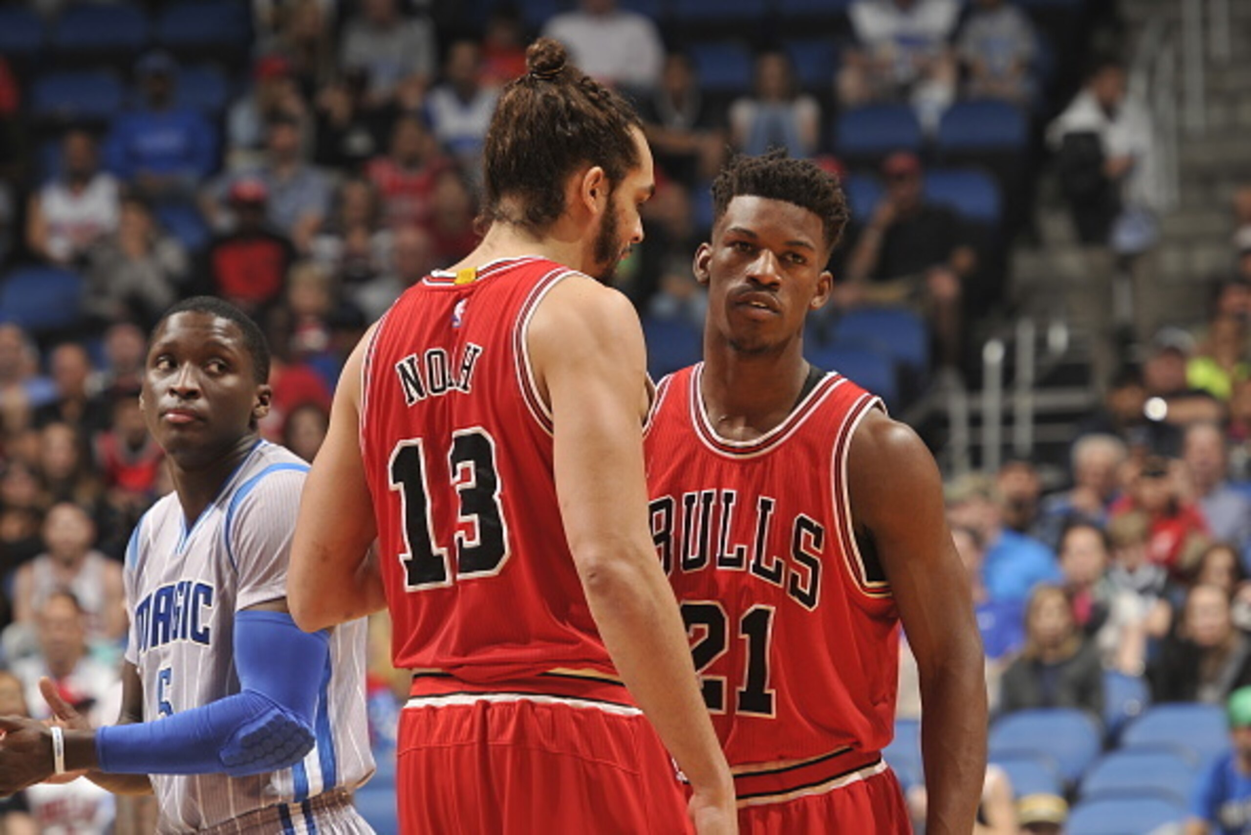 ORLANDO, FL - FEBRUARY 8:  Joakim Noah #13 and Jimmy Butler #21 of the Chicago Bulls during the game against the Orlando Magic on February 8, 2015 at Amway Center in Orlando, Florida. NOTE TO USER: User expressly acknowledges and agrees that, by downloadi