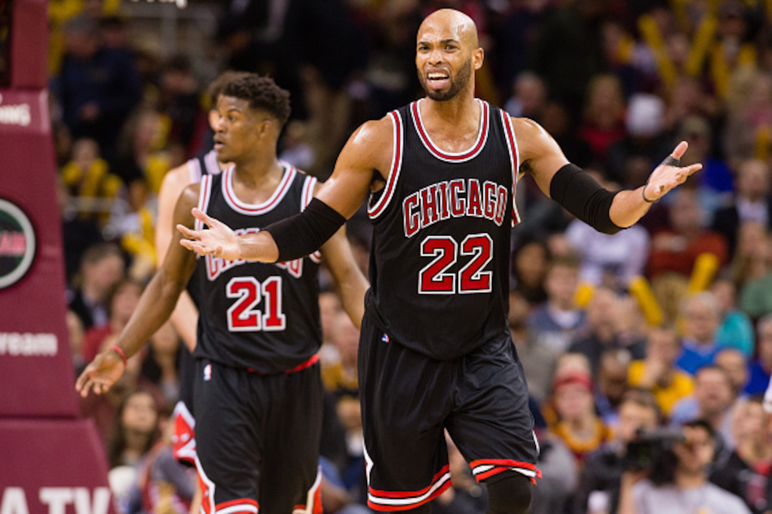 CLEVELAND, OH - JANUARY 19: Taj Gibson #22 of the Chicago Bulls reacts to a call during the second half against the Cleveland Cavaliers at Quicken Loans Arena on January 19, 2015 in Cleveland, Ohio. The Cavaliers defeated the Bulls 108-94. NOTE TO USER: U