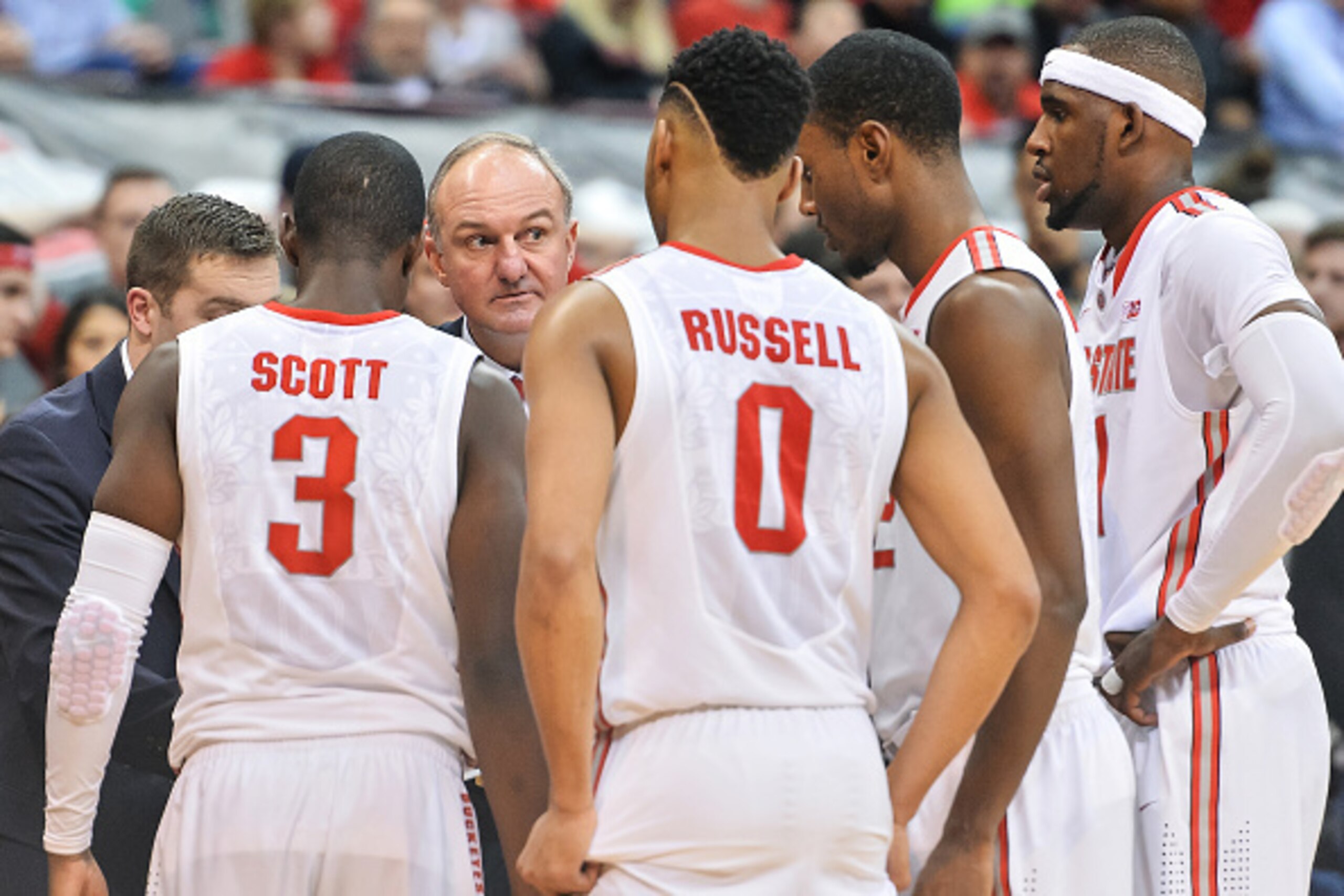 COLUMBUS, OH - JANUARY 29:  Head Coach Thad Matta of the Ohio State Buckeyes talks to his team during a game against the Maryland Terrapins on January 29, 2015 at Value City Arena in Columbus, Ohio.  (Photo by Jamie Sabau/Getty Images)