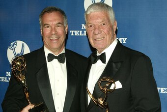 NEW YORK - APRIL 19:  (L-R) NFL filmmakers Steve Sabol and Ed Sabol attend the 25th Annual Sports Emmy Awards April 19, 2004 in New York City.  (Photo by Peter Kramer/Getty Images)